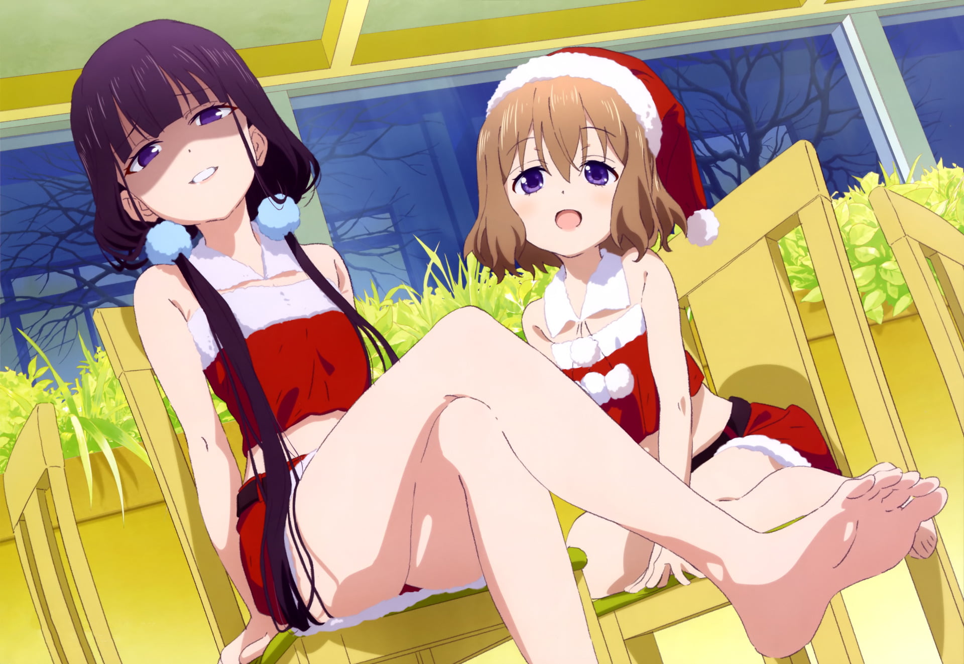 togetherness, two people, women, seat, girls, 1080P, Purple Eyes, Christmas, males, Sitting, Girl, real people, child, Purple Hair, sister, Skirt, females, HD Wallpaper