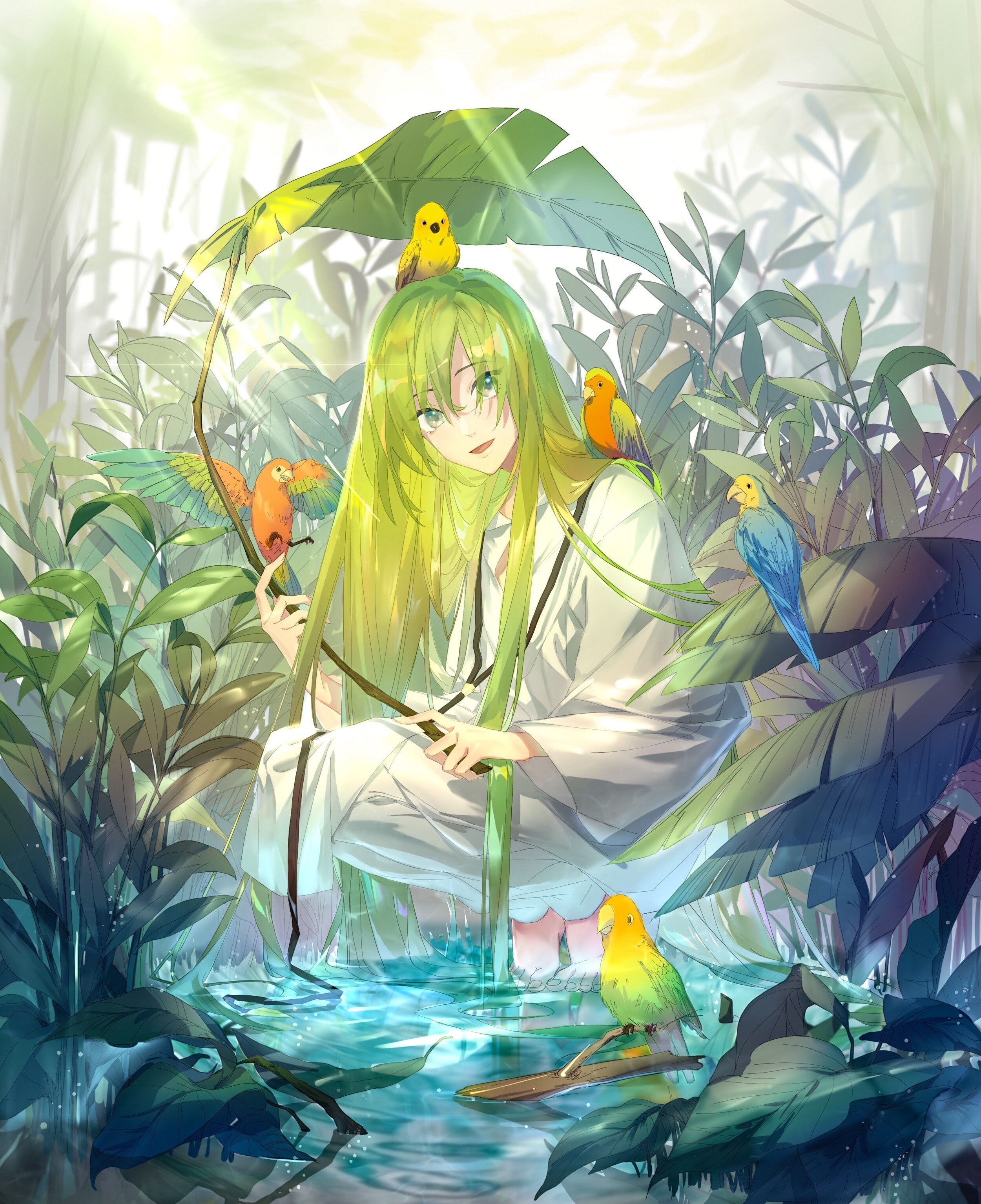 Anime, flowering plant, representation, close-up, decoration, water, art and craft, plant, animal representation, creativity, birds, nature, pattern, smiling, Phone HD Wallpaper