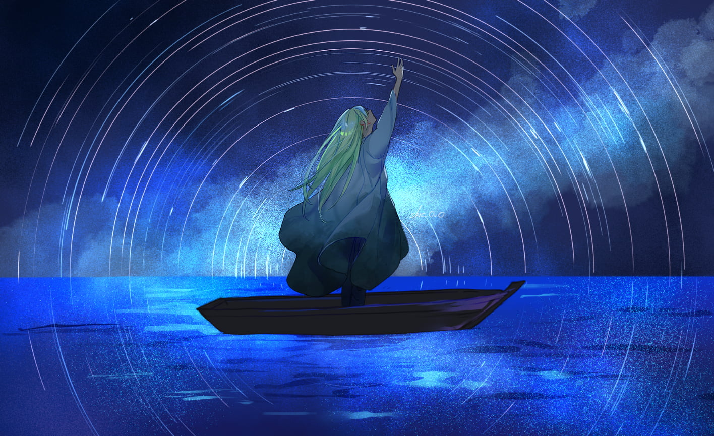 night, aurorae, atlantic ocean, boat, Fate/Grand Order, sea, FGO, green hair, 720P, Fate Series, 2D, long hair, fan art, anime boys, Enkidu (FGO), arms, HD Wallpaper