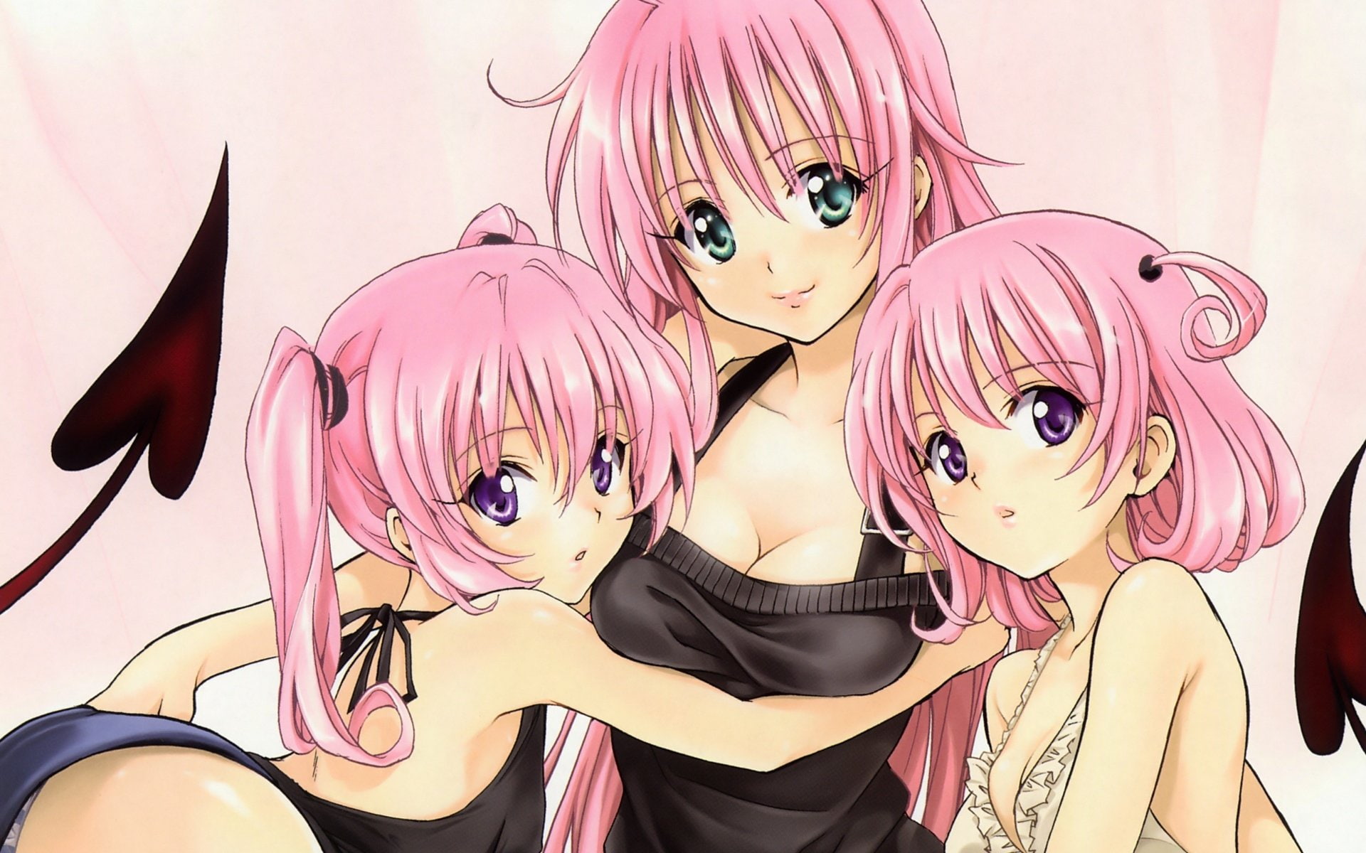 Anime, Tail, Pink Hair, 1080P, Lala Satalin Deviluke, Momo Velia Deviluke, Nana Aster Deviluke, Green Eyes, Purple Eyes, Black Dress, To Love-Ru, Long Hair, HD Wallpaper