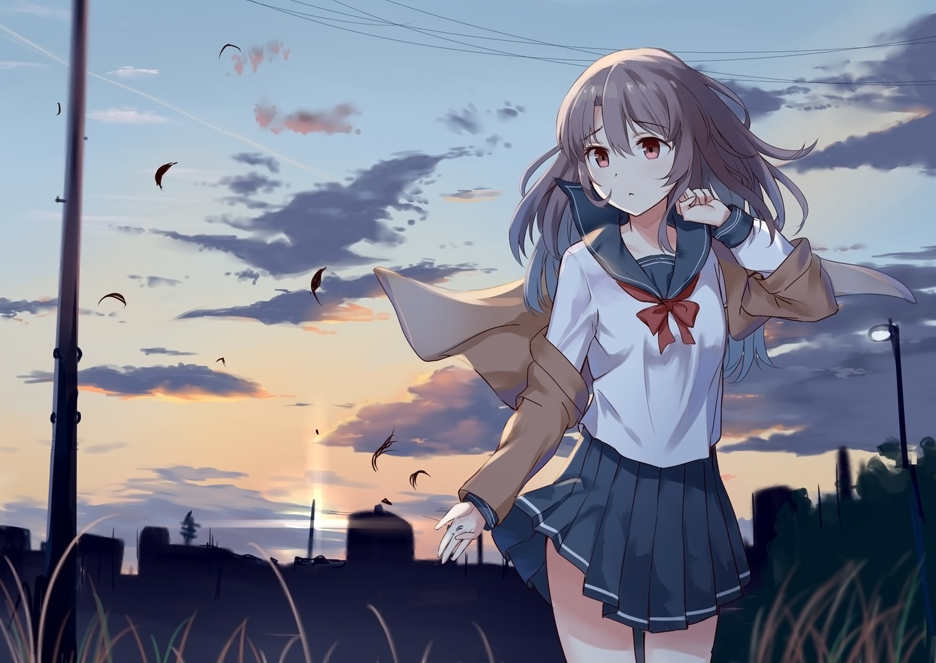 hairstyle, young adult, sunlight, looking away, women, sunset, adult, young women, outdoors, front view, red eyes, cloud - sky, standing, sky, anime girls, HD Wallpaper