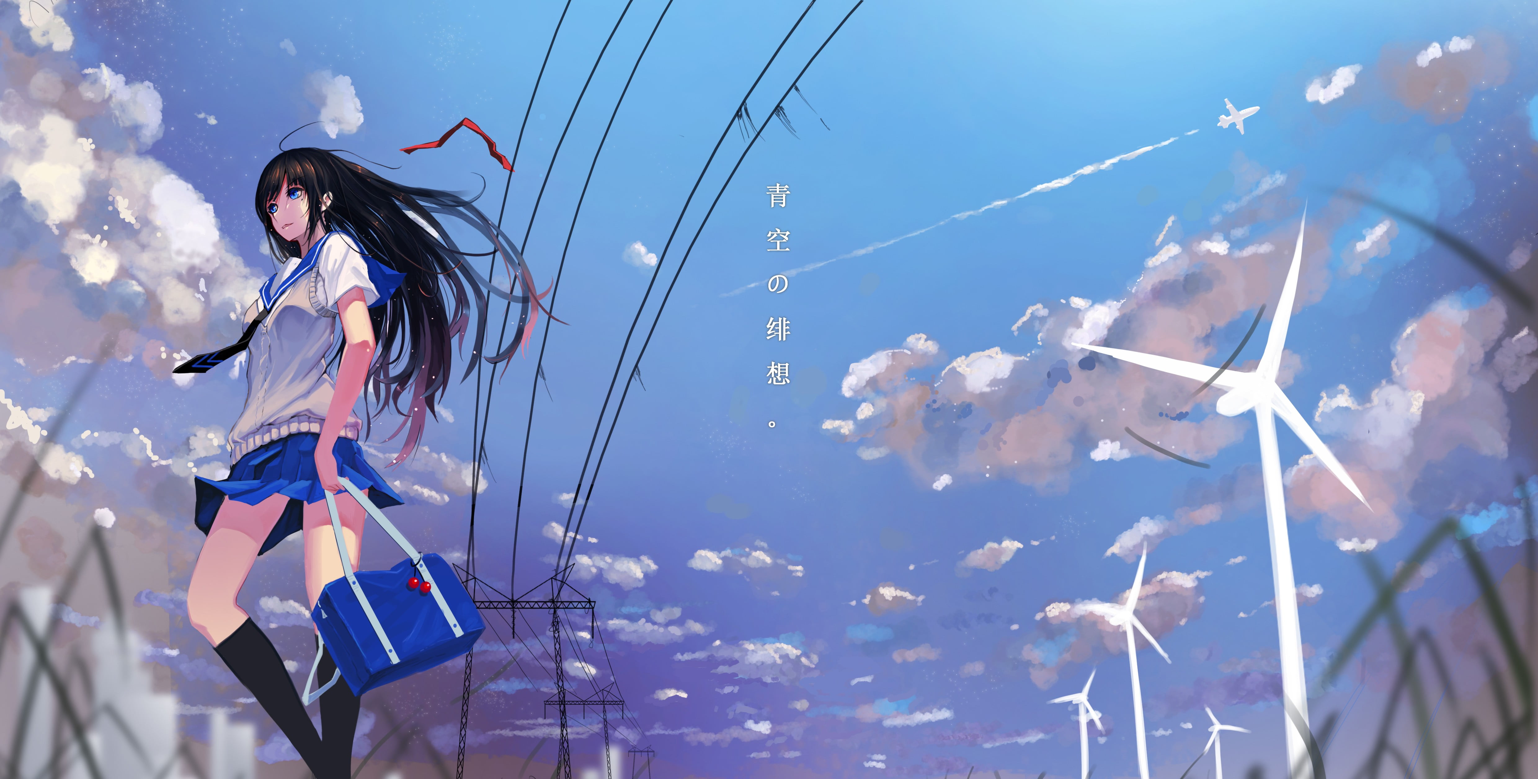 anime, women, beauty, excitement, nature, hair, adult, anime girls, blue, clothing, one person, knee-highs, long hair, hairstyle, sky, clouds, cloud - sky, HD Wallpaper