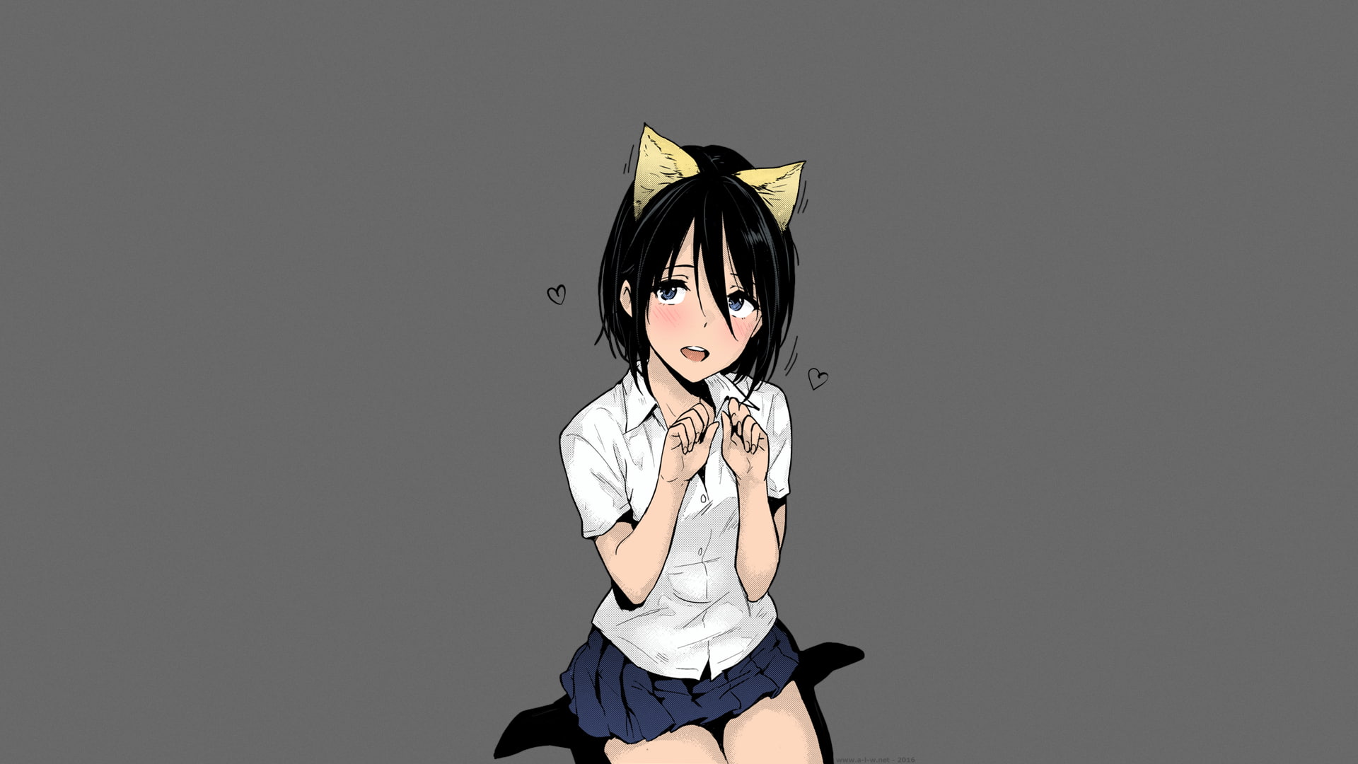 short hair, schoolgirl, cat ears, anime girls, short skirt, manga, black hair, NaPaTa, school uniform, anime, 1080P, blue eyes, HD Wallpaper