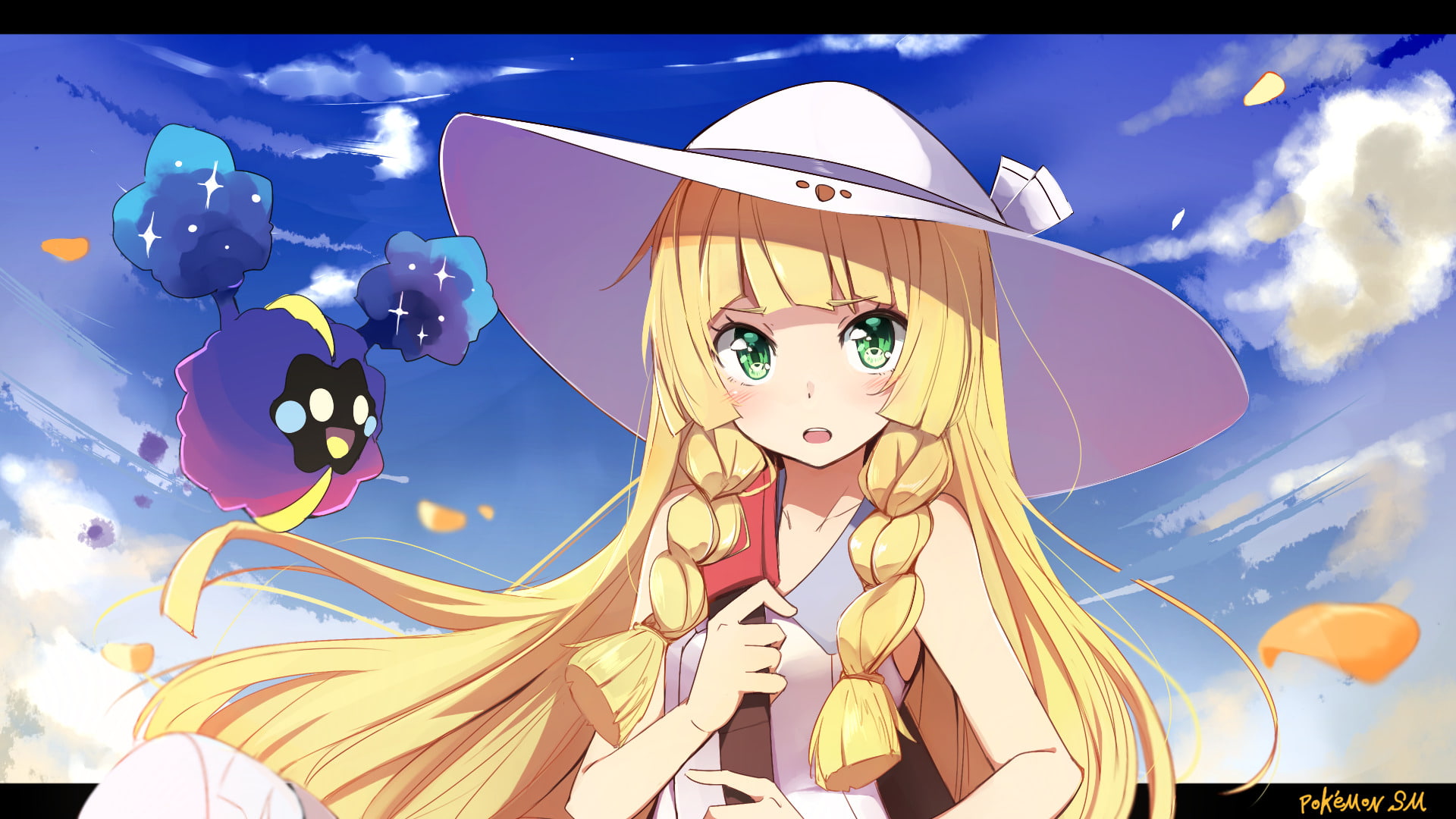 Girl, Blush, Petal, Blonde, Pokémon: Sun and Moon, Lillie (Pokemon), Green Eyes, Pokémon, Hat, 1080P, Long Hair, Braid, White Dress, Cosmog (Pokémon), HD Wallpaper