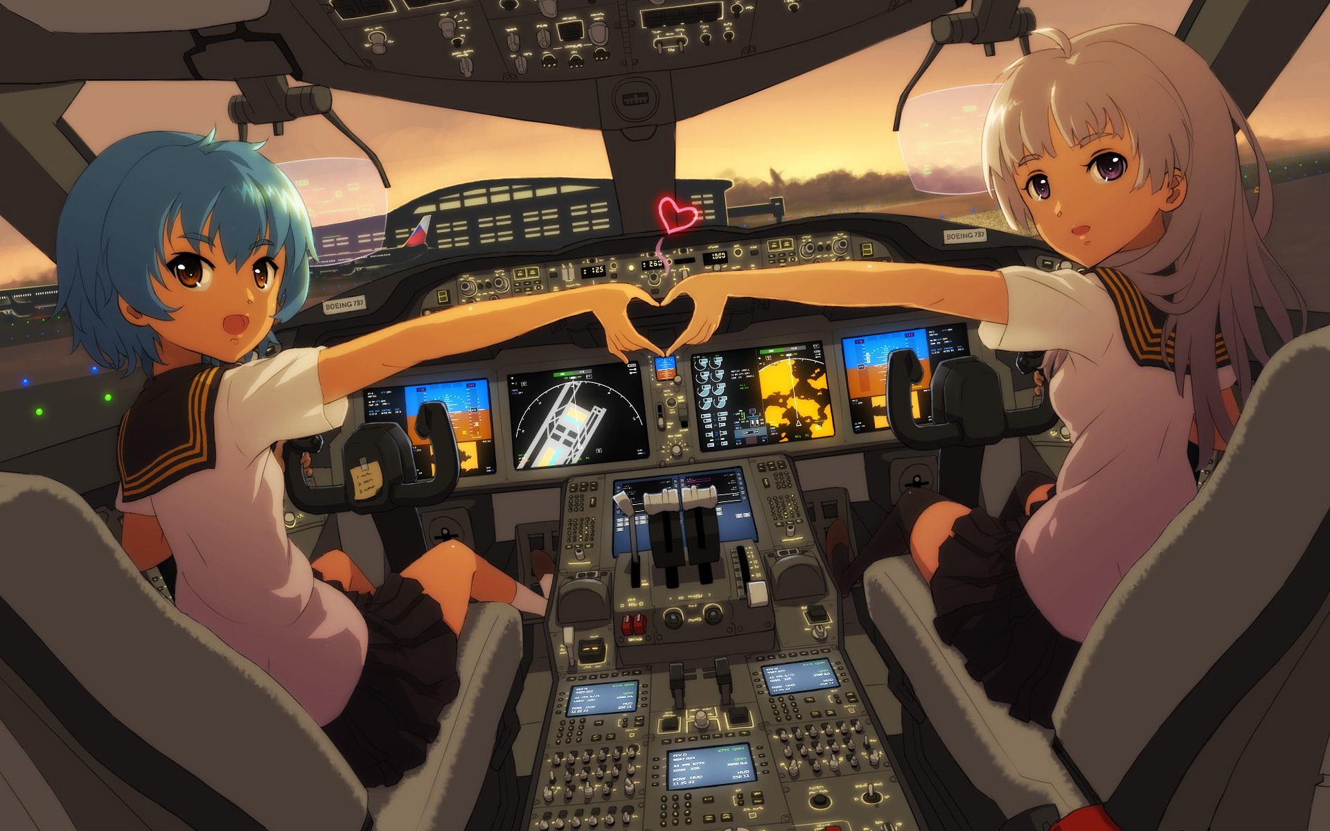 short hair, technology, heart, car, toy, air vehicle, cockpit, skirt, sitting, anime girls, anime, travel, transportation, control, pilot, mode of transportation, HD Wallpaper