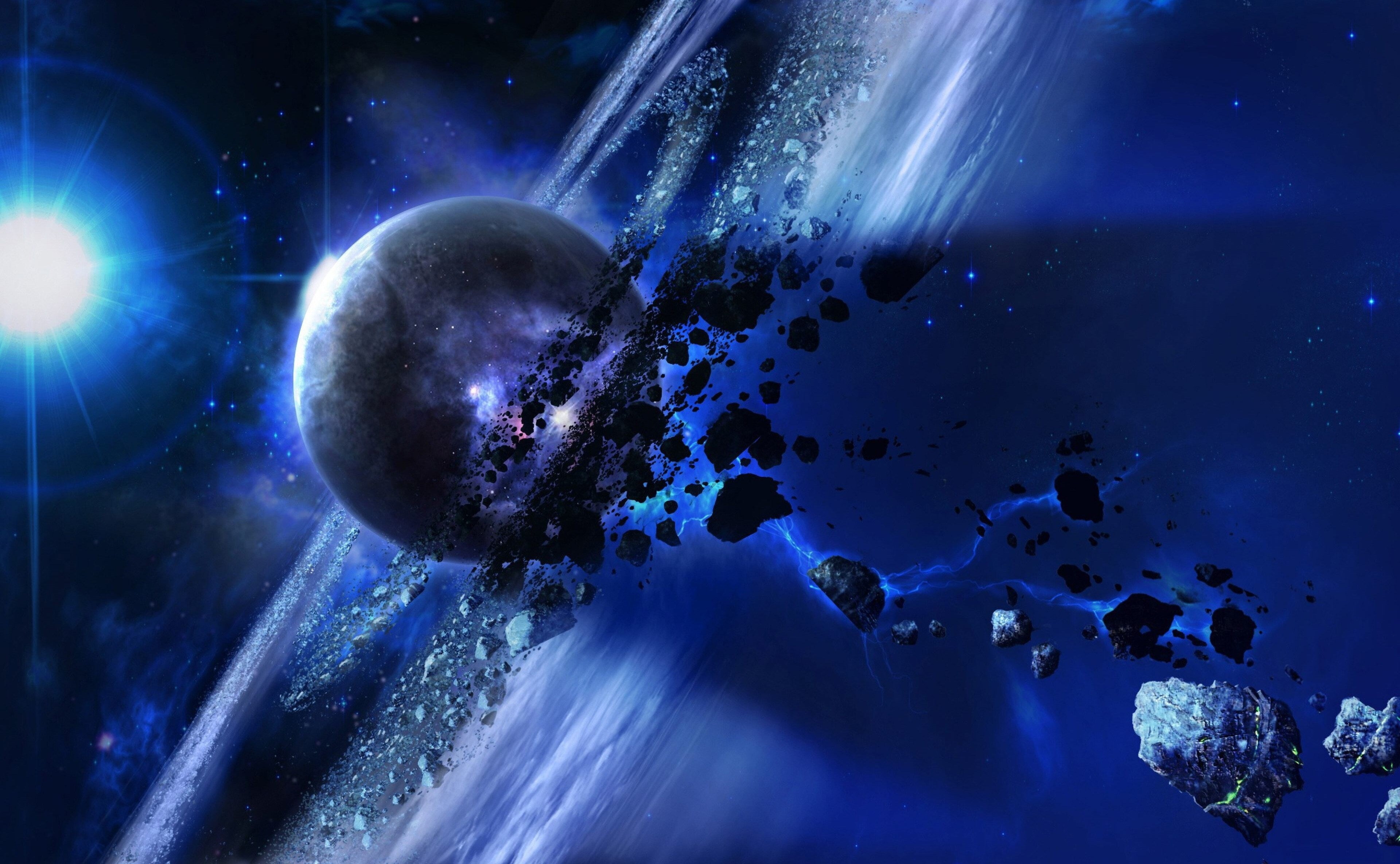 night, astronomy, science, abstract, planet - space, digital composite, galaxy, blue, futuristic, light - natural phenomenon, sphere, sky, star - space, HD Wallpaper
