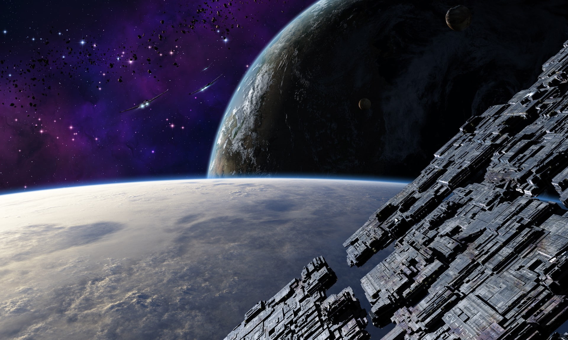 galaxy, meteorites, earth, star - space, planet, art, moon, orbiting, ships, exploration, planet - space, digital, satellite view, astronomy, HD Wallpaper