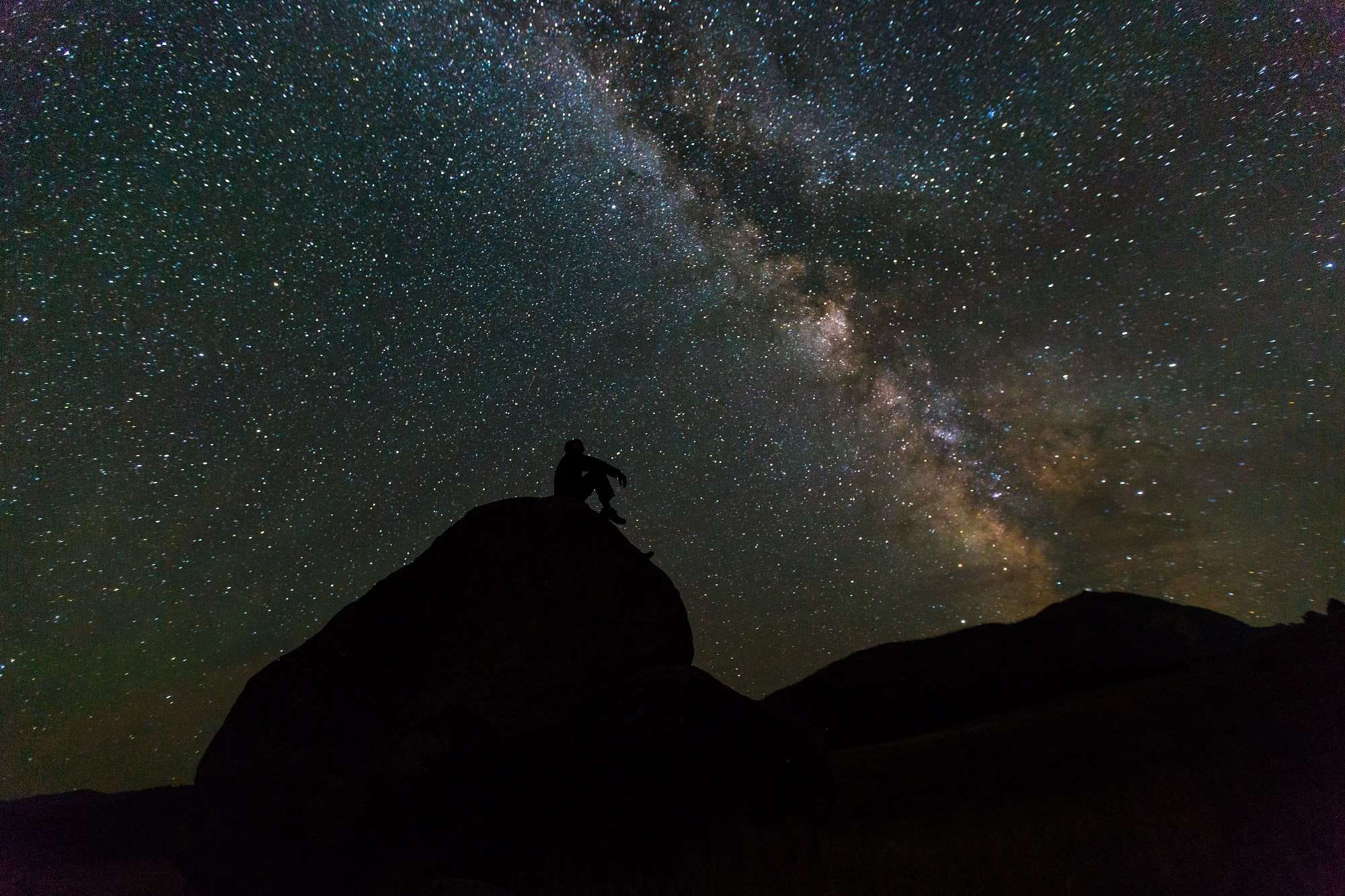 astronomy, 1080P, milky way, dark, star field, solo, space, star, sky, scenics - nature, mountain, stars, galaxy, low angle view, night, cosmos, one person, HD Wallpaper