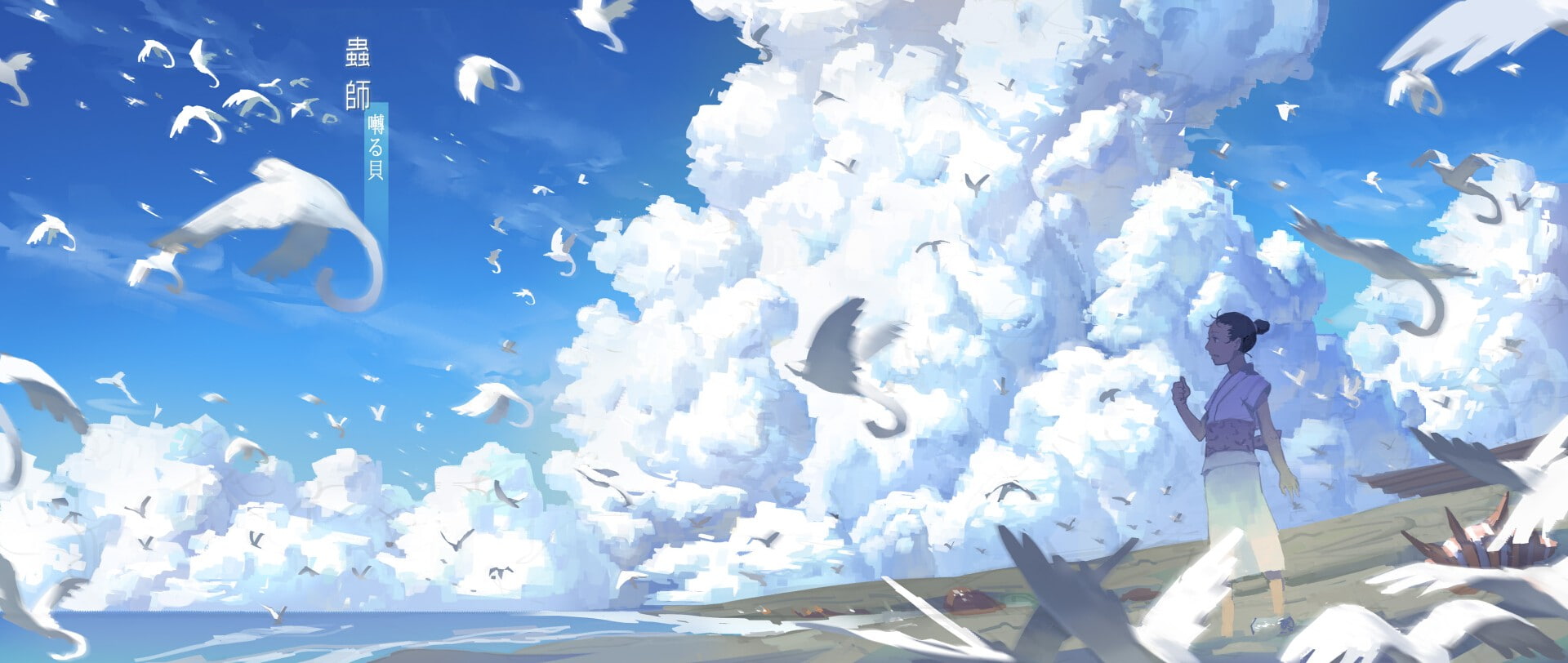 one person, flying, 1080P, adult, standing, women, occupation, tank, blue, day, cloud - sky, sunlight, young adult, Mushishi, three quarter length, birds, HD Wallpaper