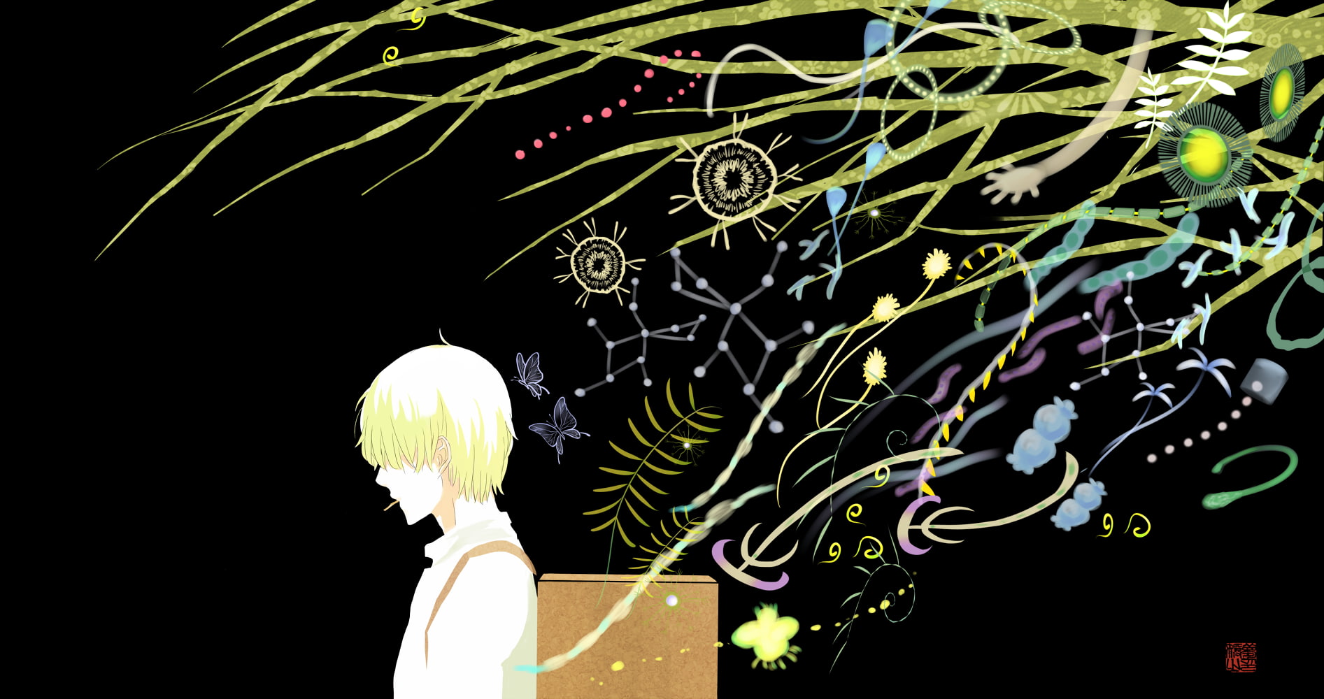 white clothing, anime, branch, butterfly, light hair, simple background, backpacks, short hair, abstract, 720P, white hair, dark background, Mushishi, HD Wallpaper
