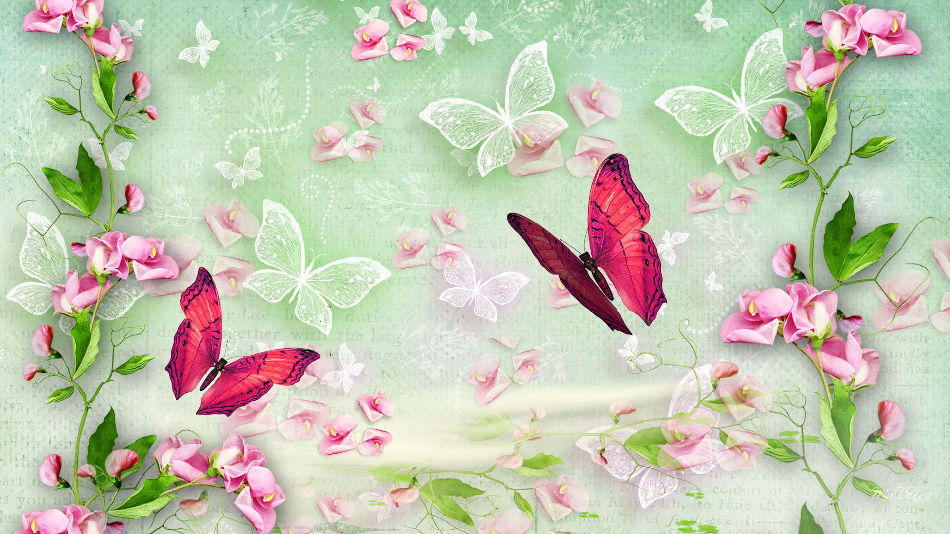 art, Flowers, sweet, firefox, Green, persona, soft, butterflies, nature, Firefox Persona, hd, PINK, 1080P, peas, HD Wallpaper