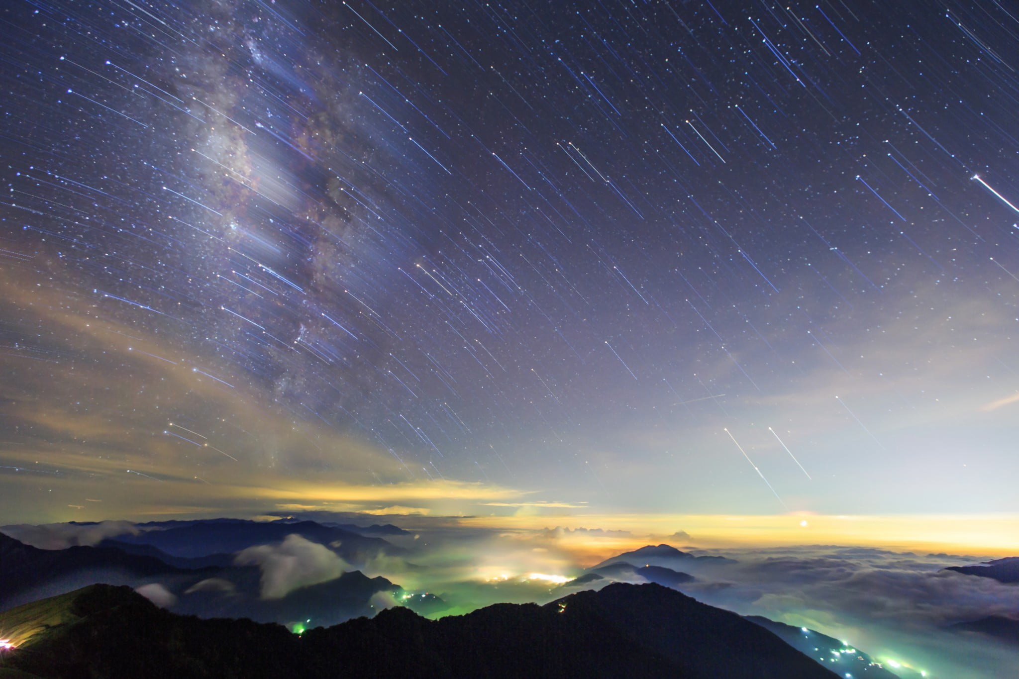 no people, night, cloud - sky, nature, astronomy, idyllic, tranquility, shower, star trail, view, mountain peak, 1080P, shooting, tranquil scene, mountain range, HD Wallpaper