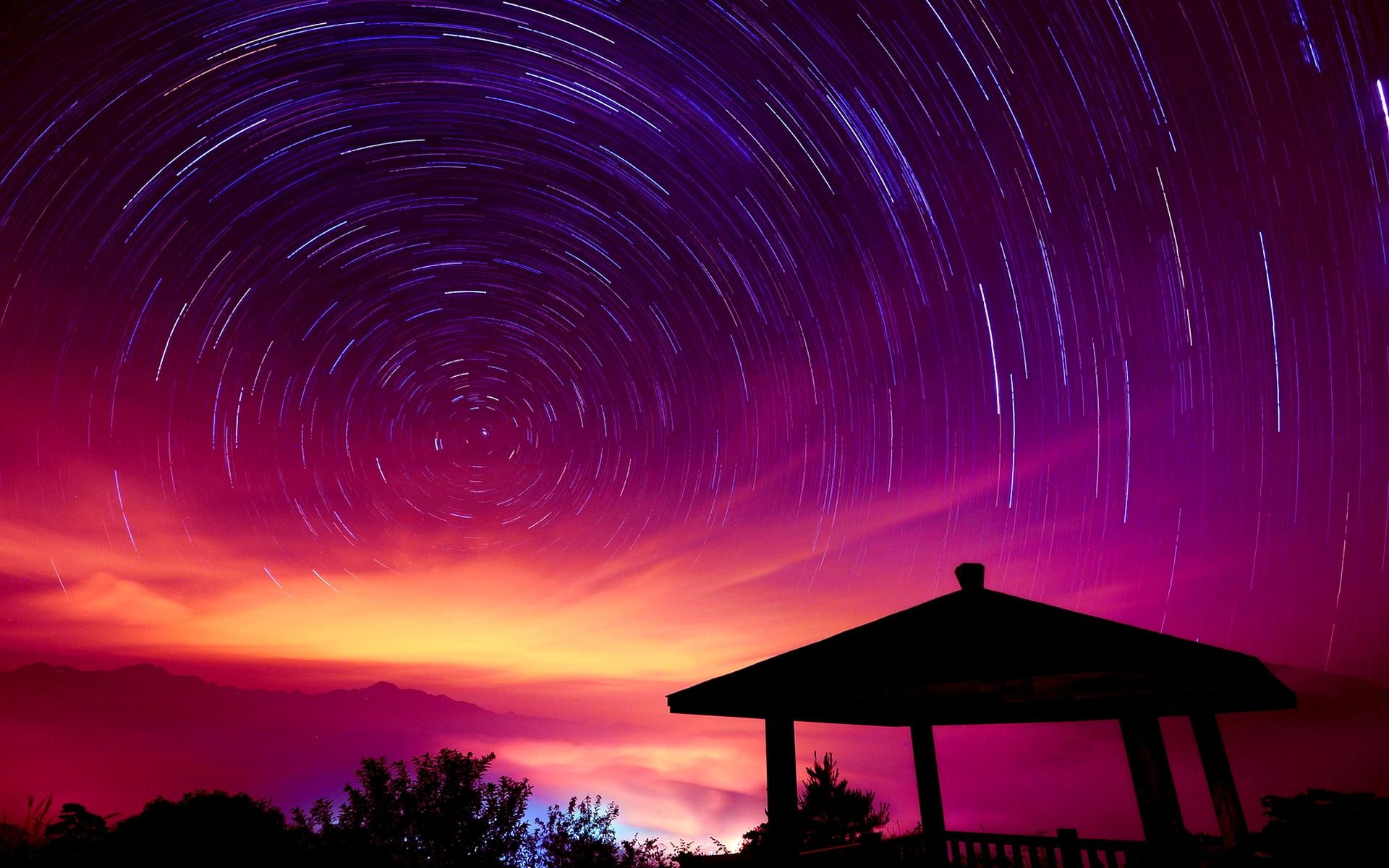 silhouette, starry sky, showers, night, atmosphere, nature and landscapes, circles, building, 1080P, painting, star, meteor, stars, HD Wallpaper
