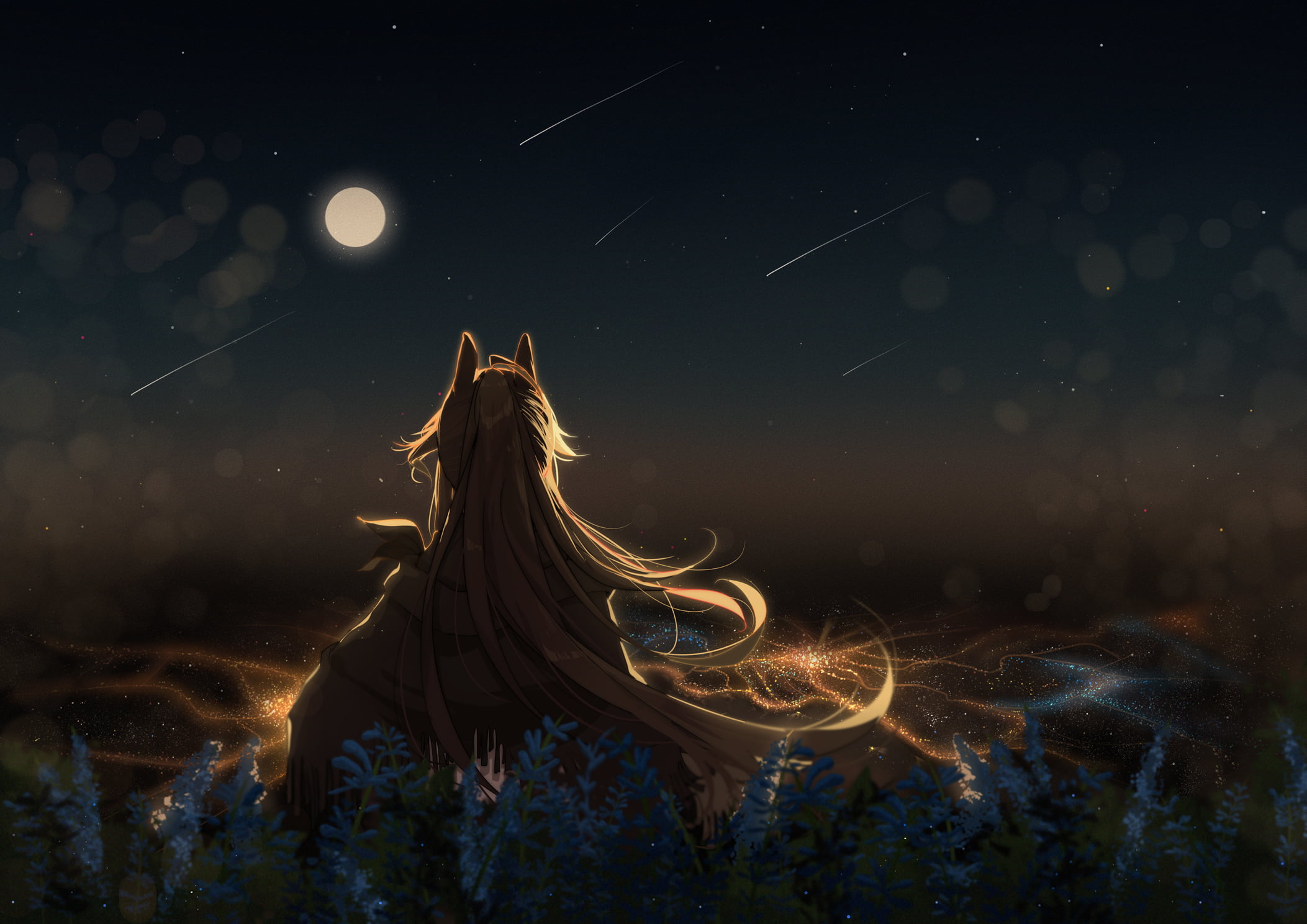 blonde, Moon, sky, flowers, Arknights, long hair, starfall, stars, city lights, meteorite, Firewatch(Arknights), anime, grass, scarf, animal eyes, 1080P, HD Wallpaper