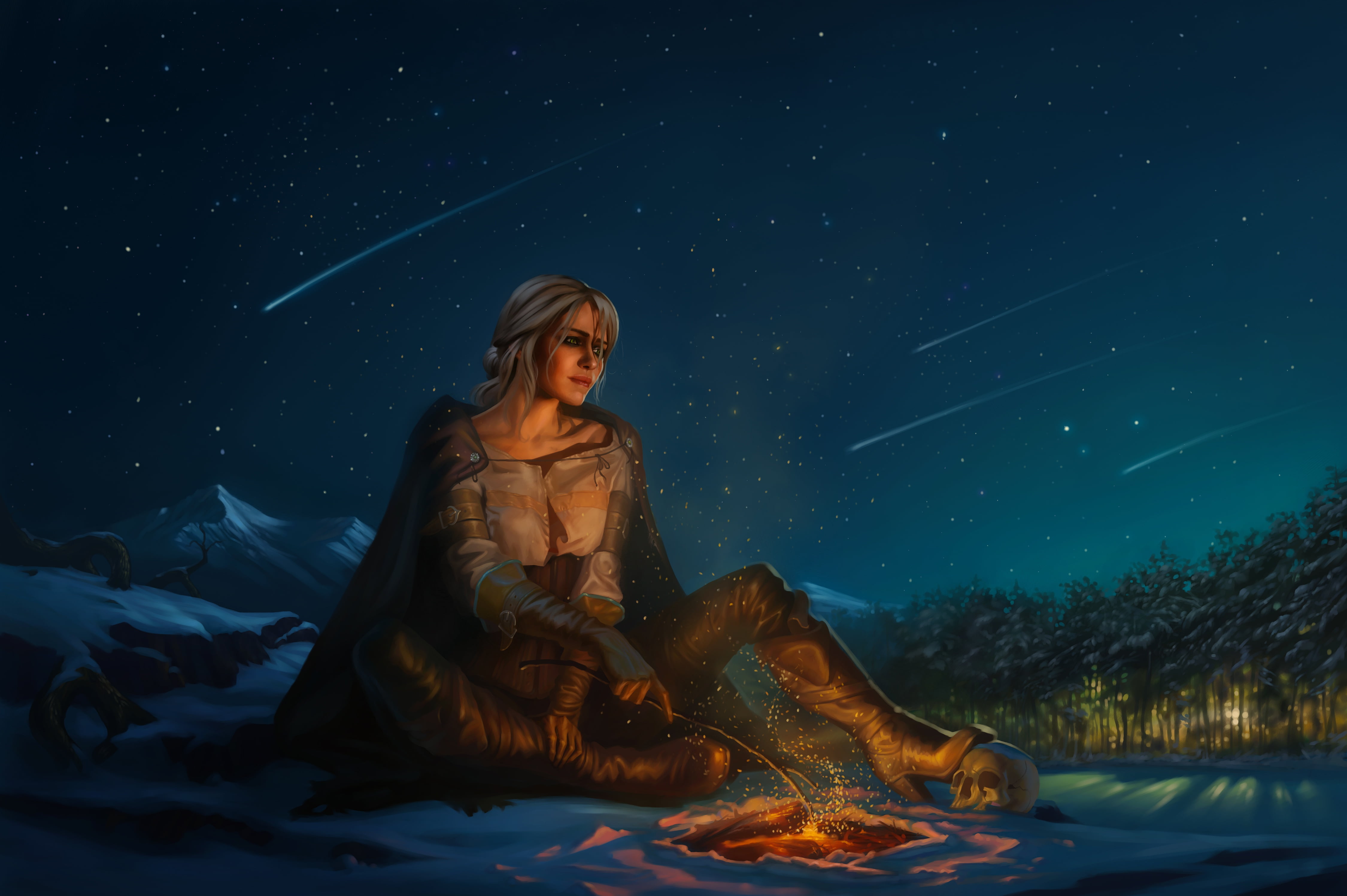 looking, the sky, the Witcher, night, Ciri or the Lion Cub of Cintra, mountains, skull, forest, 4K, star - space, real people, leisure activity, girl, HD Wallpaper