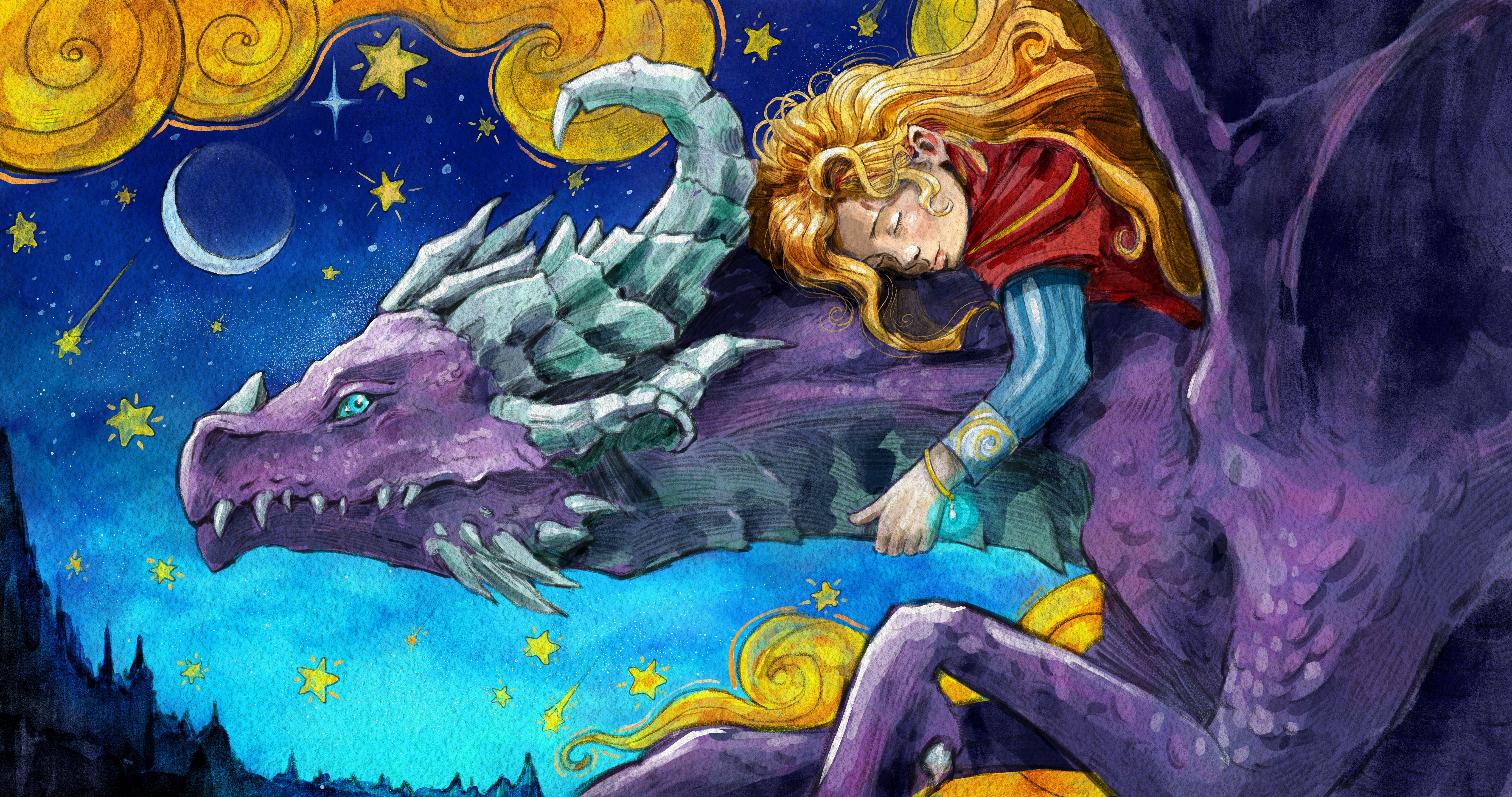 purple skin, Fly, stars, starfall, women, Moon, 8K, fairy tale, sleeping, watercolor, dragon, enjoying, sky, horns, clouds, blonde, drawing, artwork, cartoon, HD Wallpaper