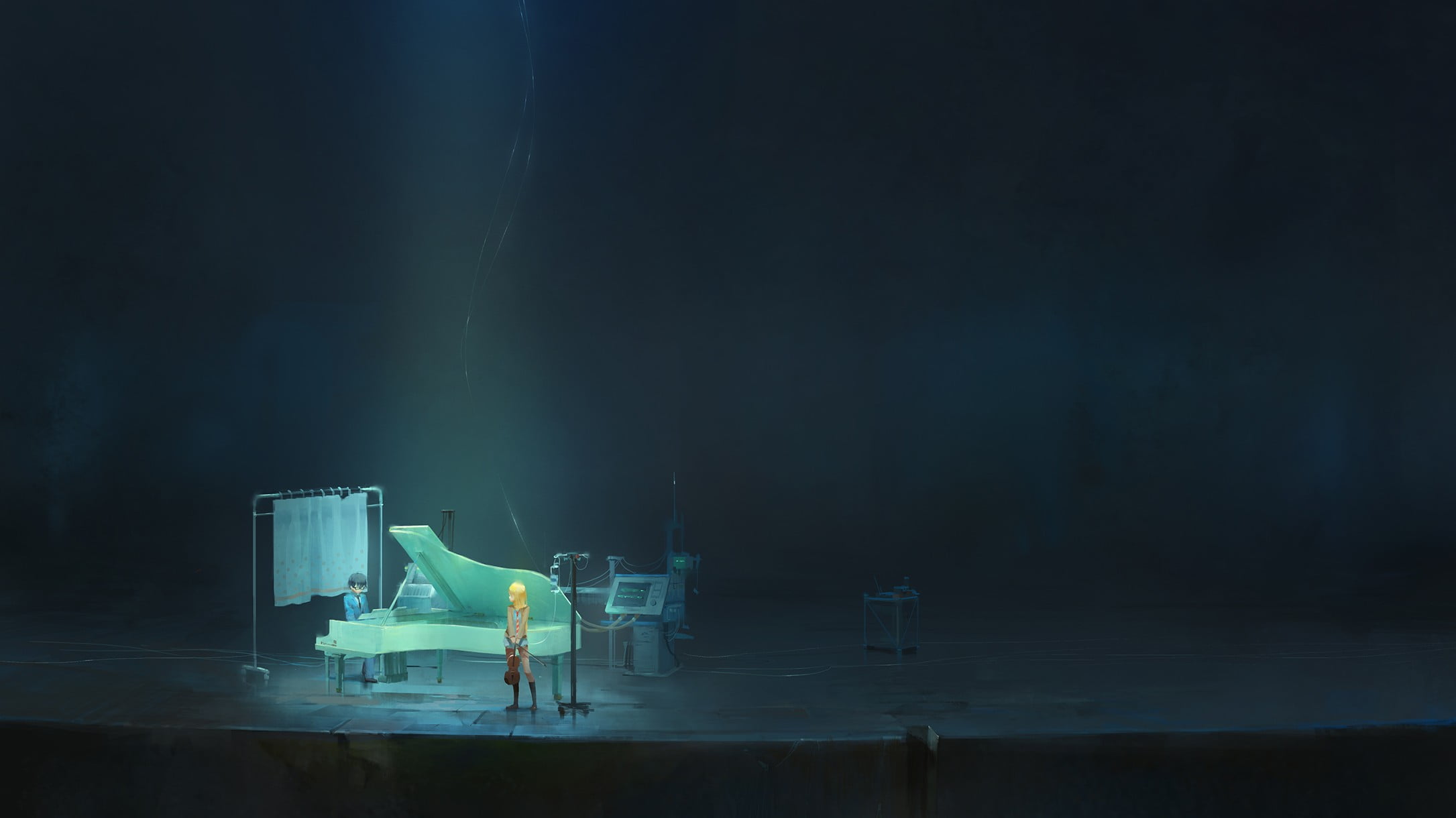 water, absence, lighting equipment, anime, blue, illuminated, dark, light - natural phenomenon, no people, couple, stage, sadness, arts culture and entertainment, HD Wallpaper