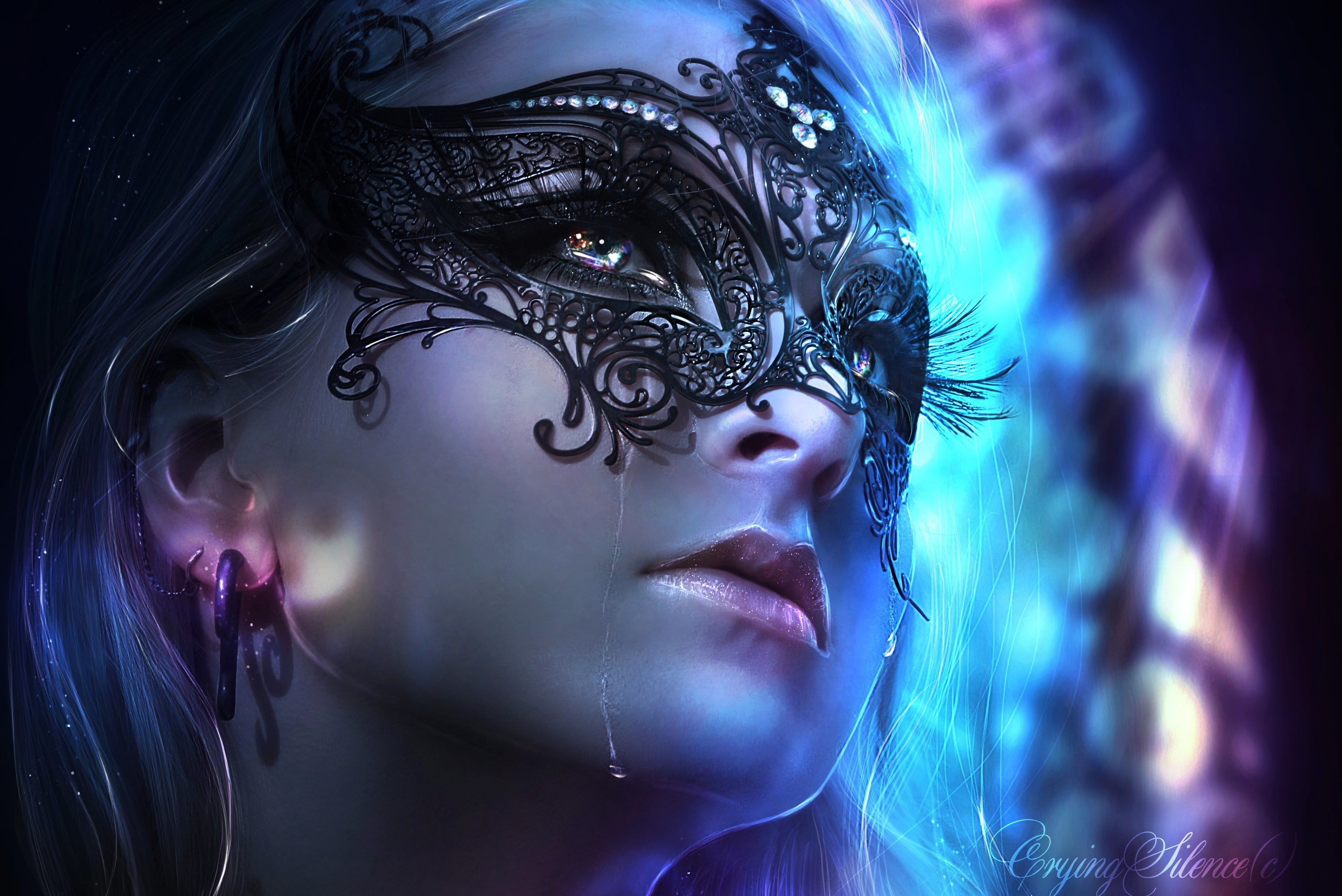 mask, digital, digital art, tears, woman, wearing, 2K, HD Wallpaper