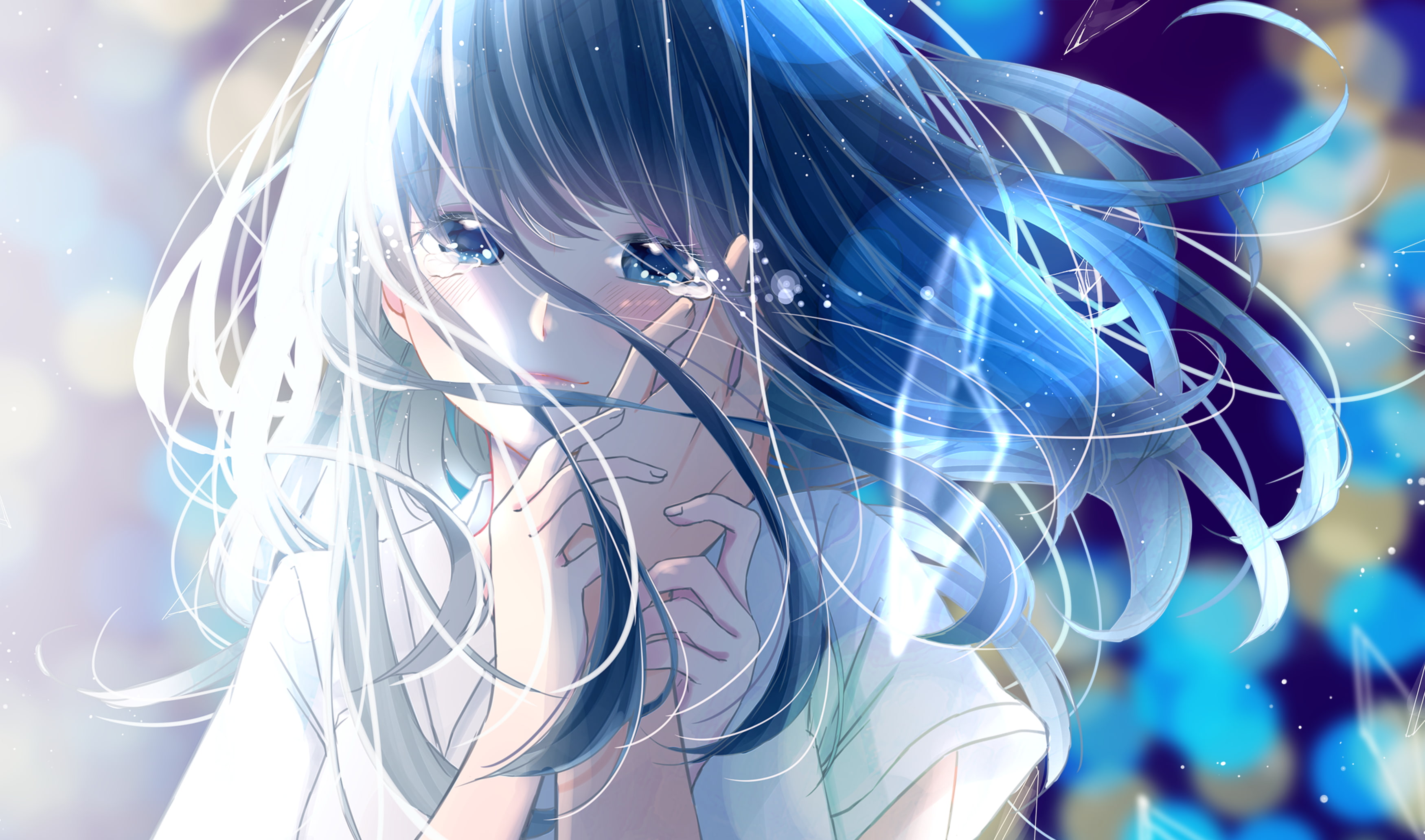 2K, Anime, blue, reflection, technology, anime girl, complexity, nature, headshot, close-up, hands, tears, portrait, celebration, hair, crying, romance, HD Wallpaper