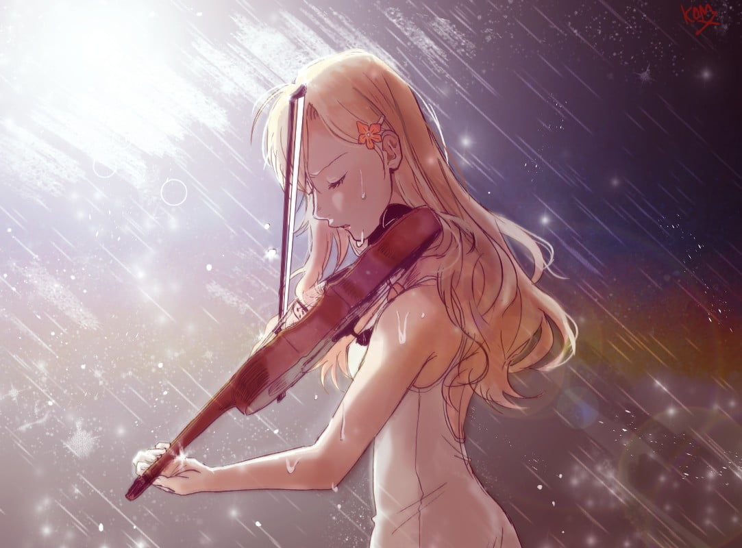 480P, digital composite, artwork, violin, rain, adult, nature, motion, one person, hair, real people, Shigatsu wa Kimi no Uso, hairstyle, side view, dancing, HD Wallpaper