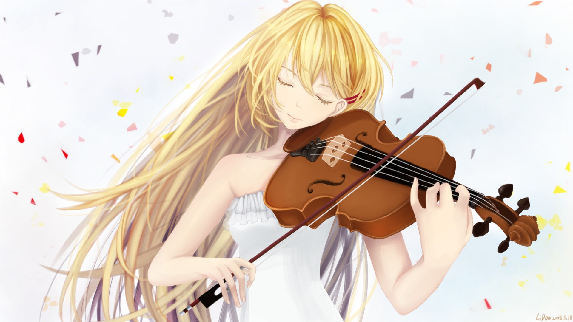 musician, music, closed eyes, artist, real people, one person, women, smiling, string instrument, violin, musical equipment, indoors, blonde, hair, Miyazono Kaori, HD Wallpaper