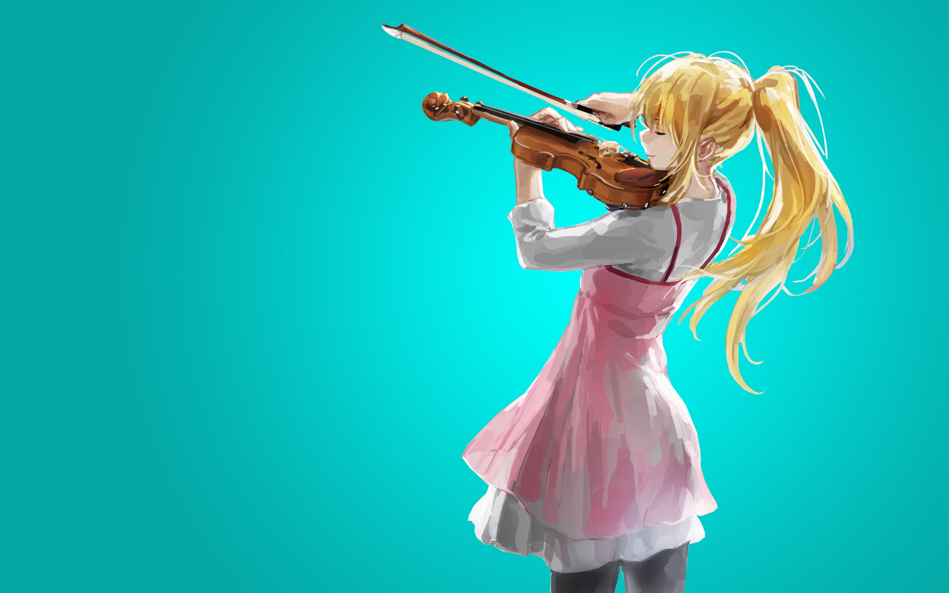 turquoise colored, blue, females, blue background, one person, hairstyle, three quarter length, studio shot, indoors, Miyazono Kaori, Shigatsu wa Kimi no Uso, HD Wallpaper