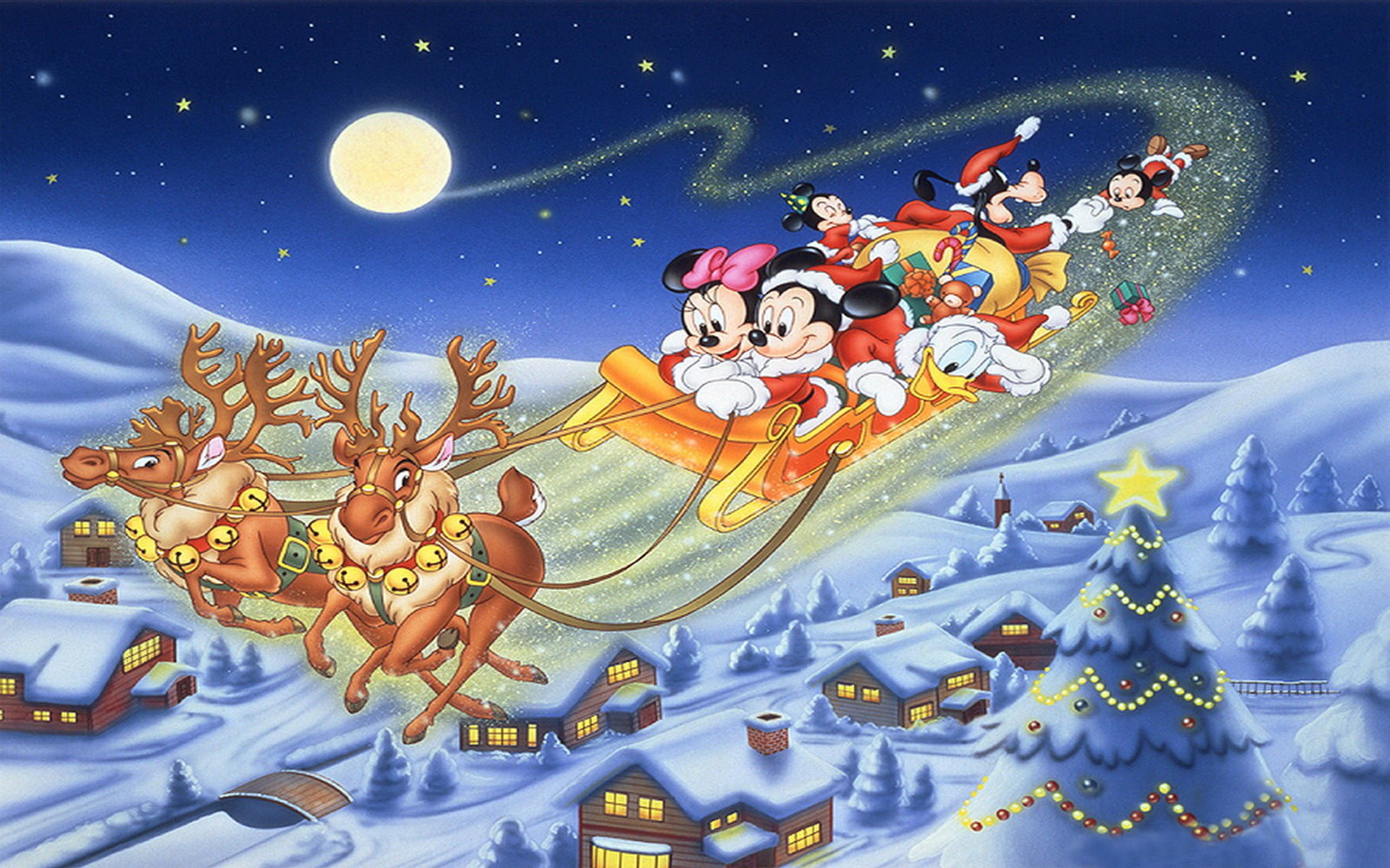 gifts, merry, card, 1080P, sledge, deer, mickey, greeting, christmas, disney, mouse, friends, HD Wallpaper