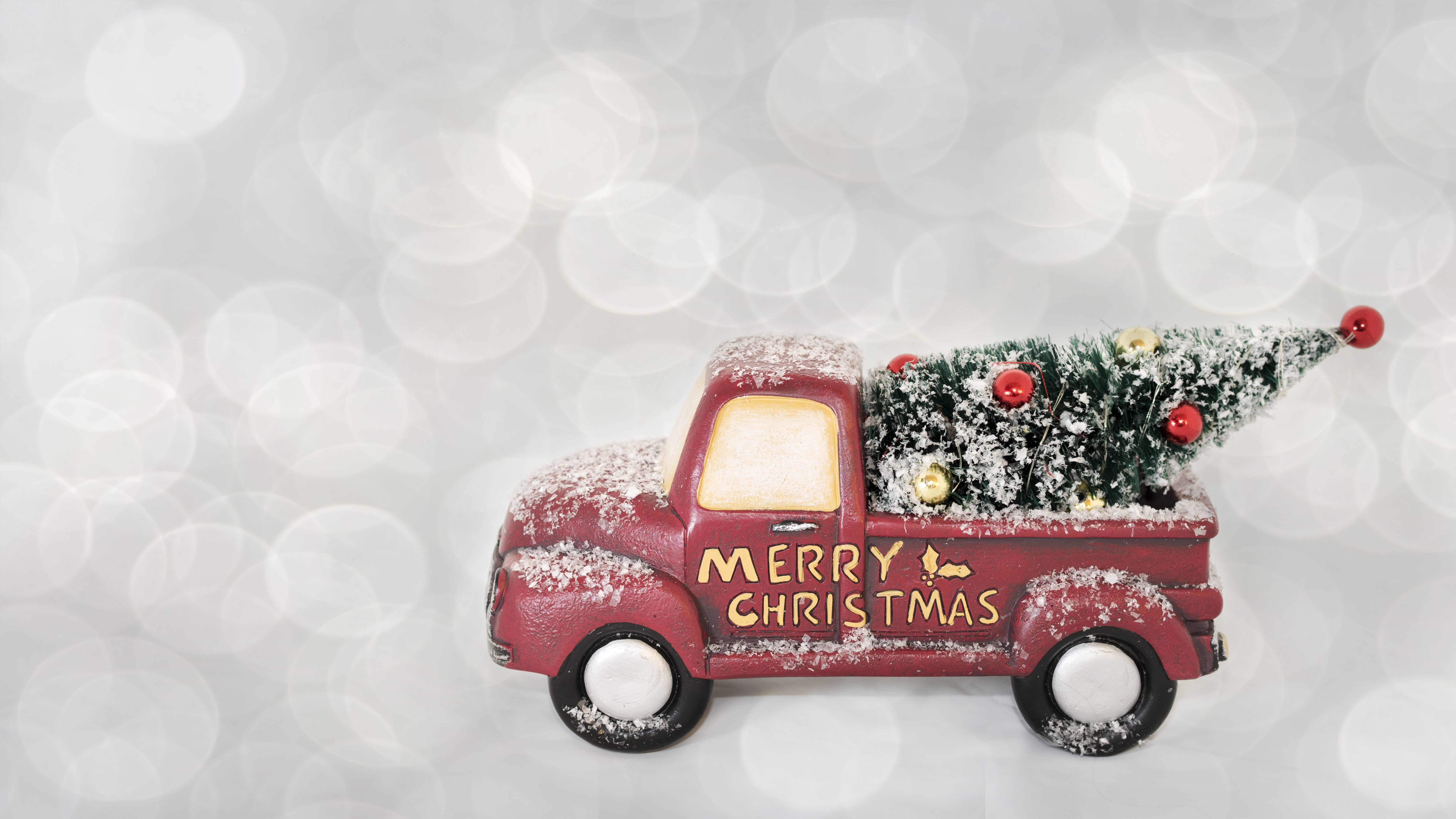 xmas, merry, studio shot, communication, truck, 5K, red, holiday, pickup, card, christmas ornament, pink, toy, selective focus, winter, indoors, merry christmas, HD Wallpaper