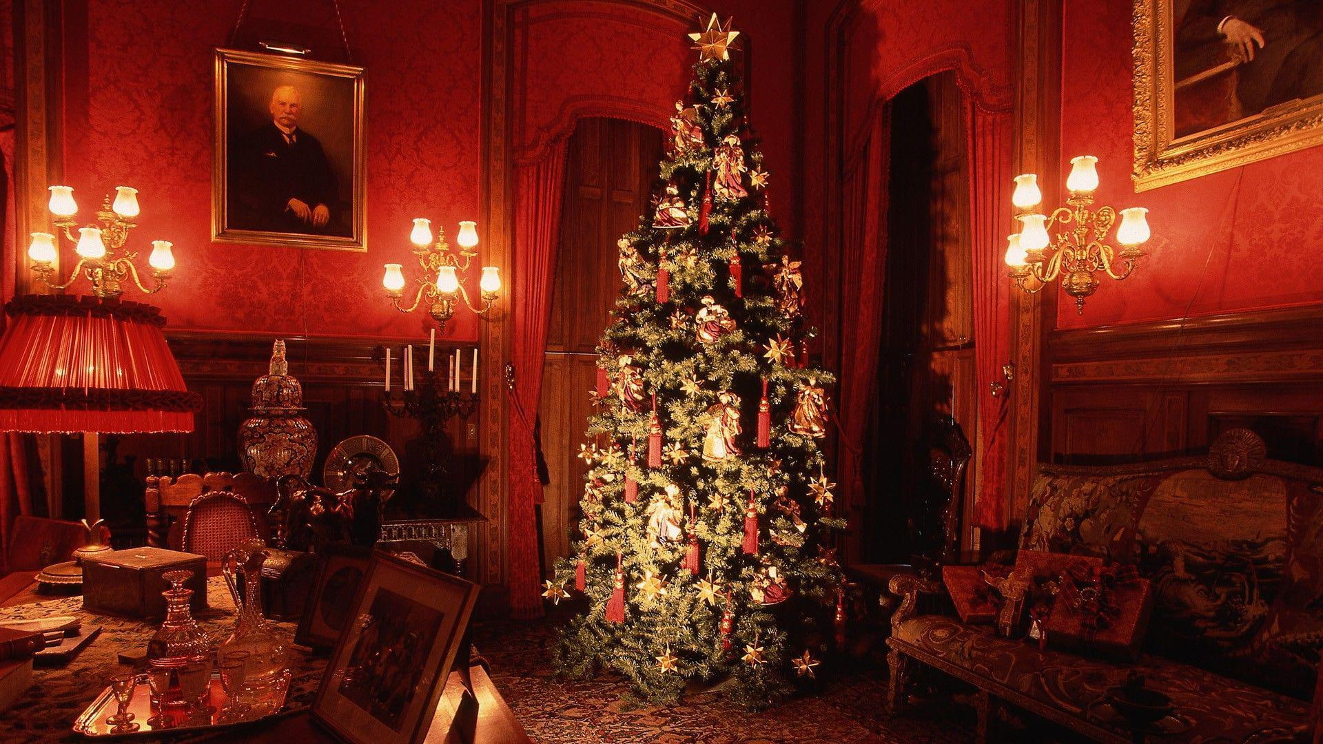 white, 1080P, tree, red, christmas, 1920x1080, merry christmas, interior, green, design, holidays, HD Wallpaper