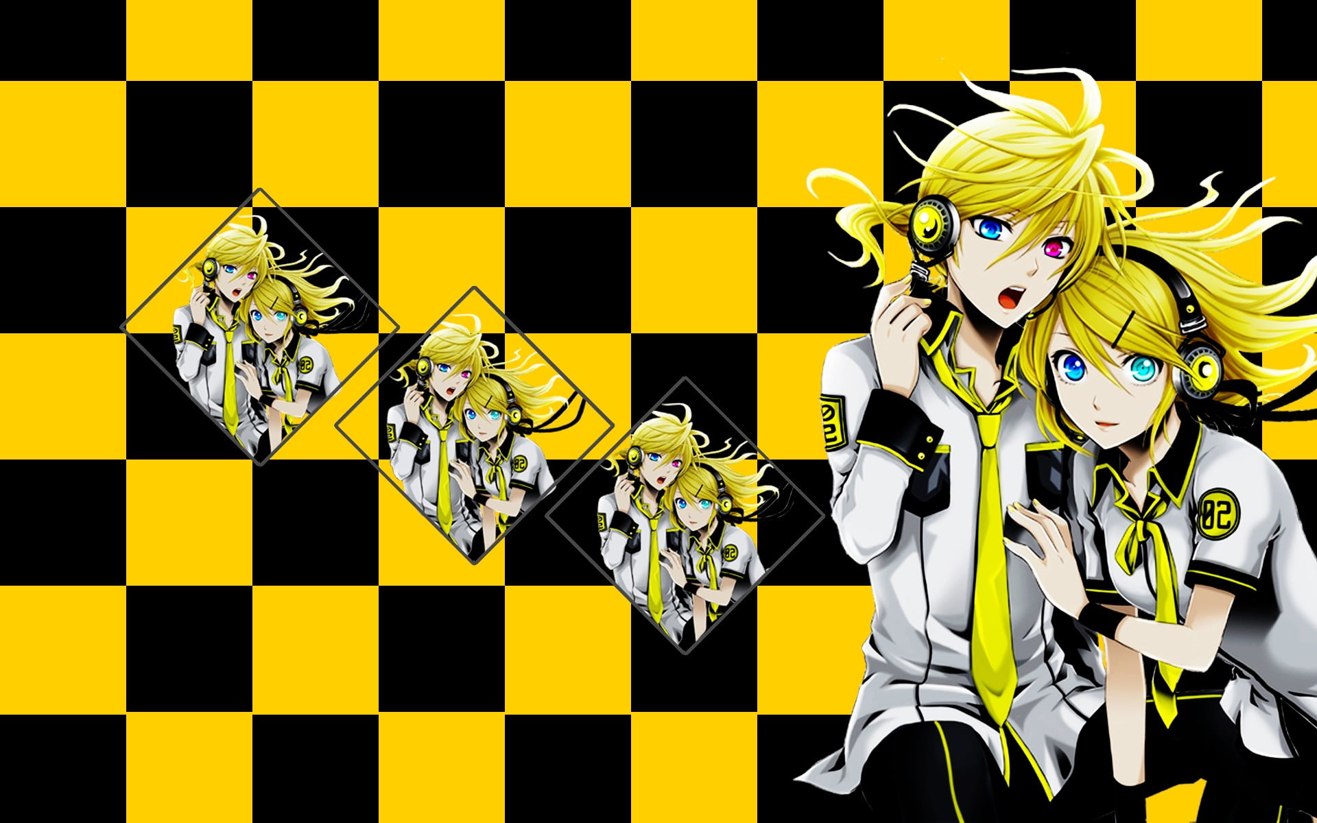 indoors, young adult, white, women, 1080P, digital composite, Vocaloid, checkered, flooring, celebration, dress, s, yellow, leisure activity, adult, representation, HD Wallpaper