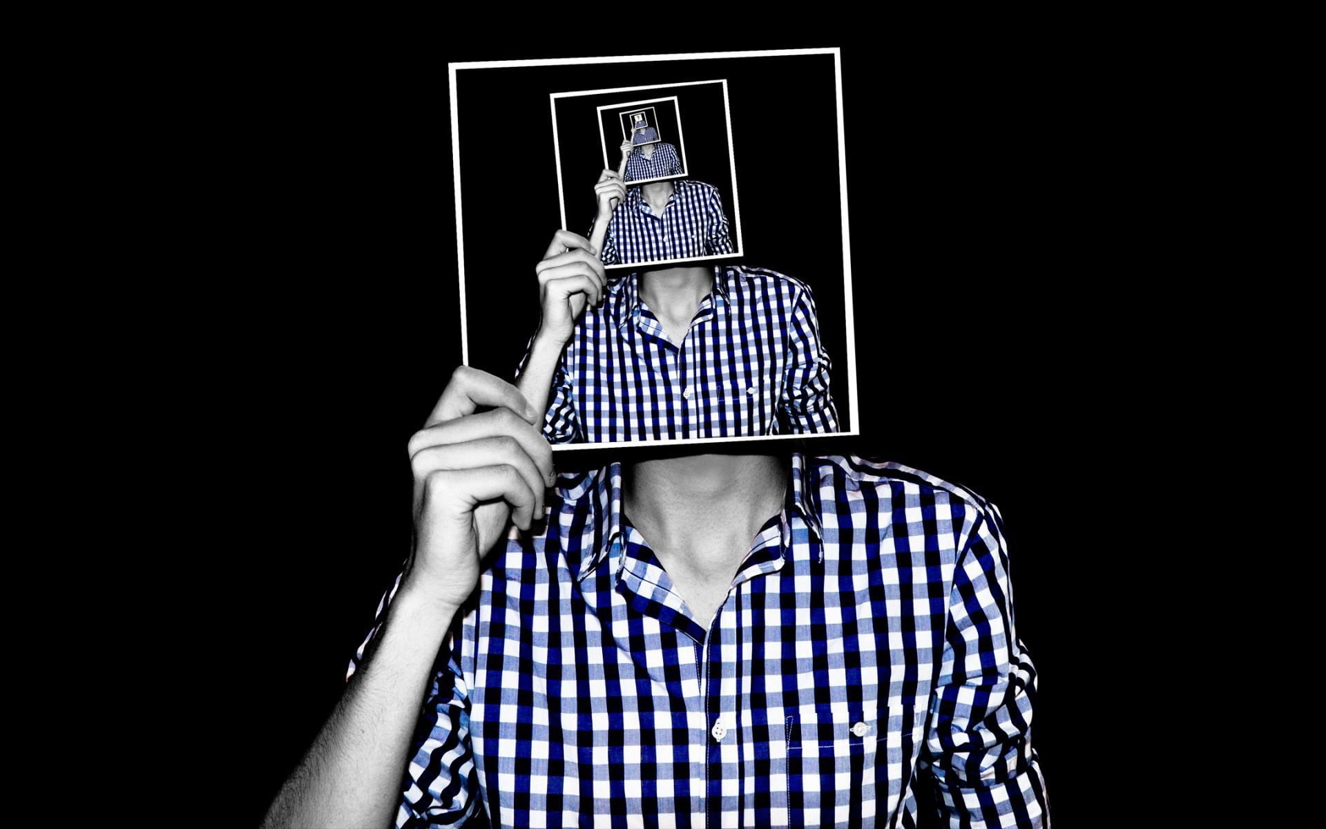 selective coloring, s, obscured face, covering, front view, recursion, hiding, technology, indoors, men, photo manipulation, human body part, young adult, HD Wallpaper