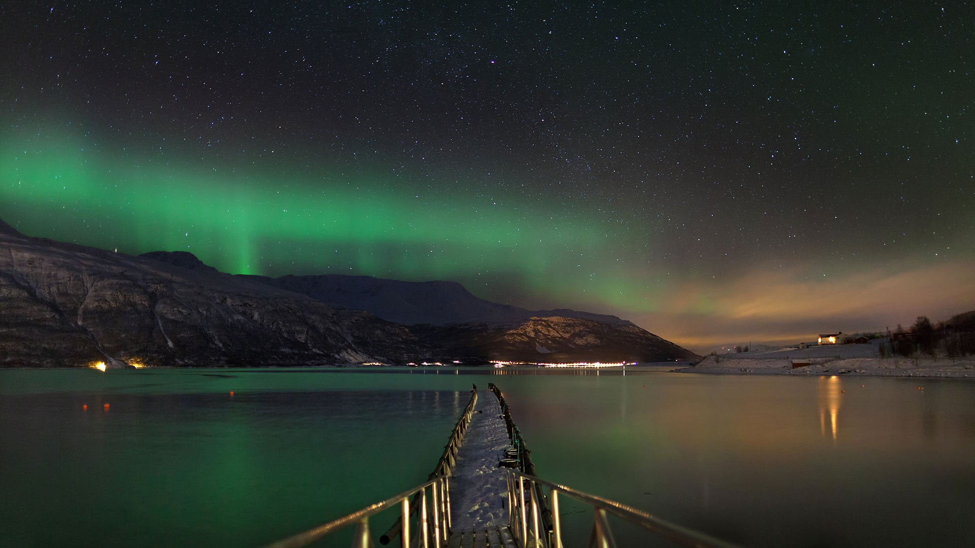 snow, stars, non-urban scene, reflection, landscape, space, pier, lights, star - space, nature, scenics - nature, no people, sky, 1080P, milky way, lake, HD Wallpaper