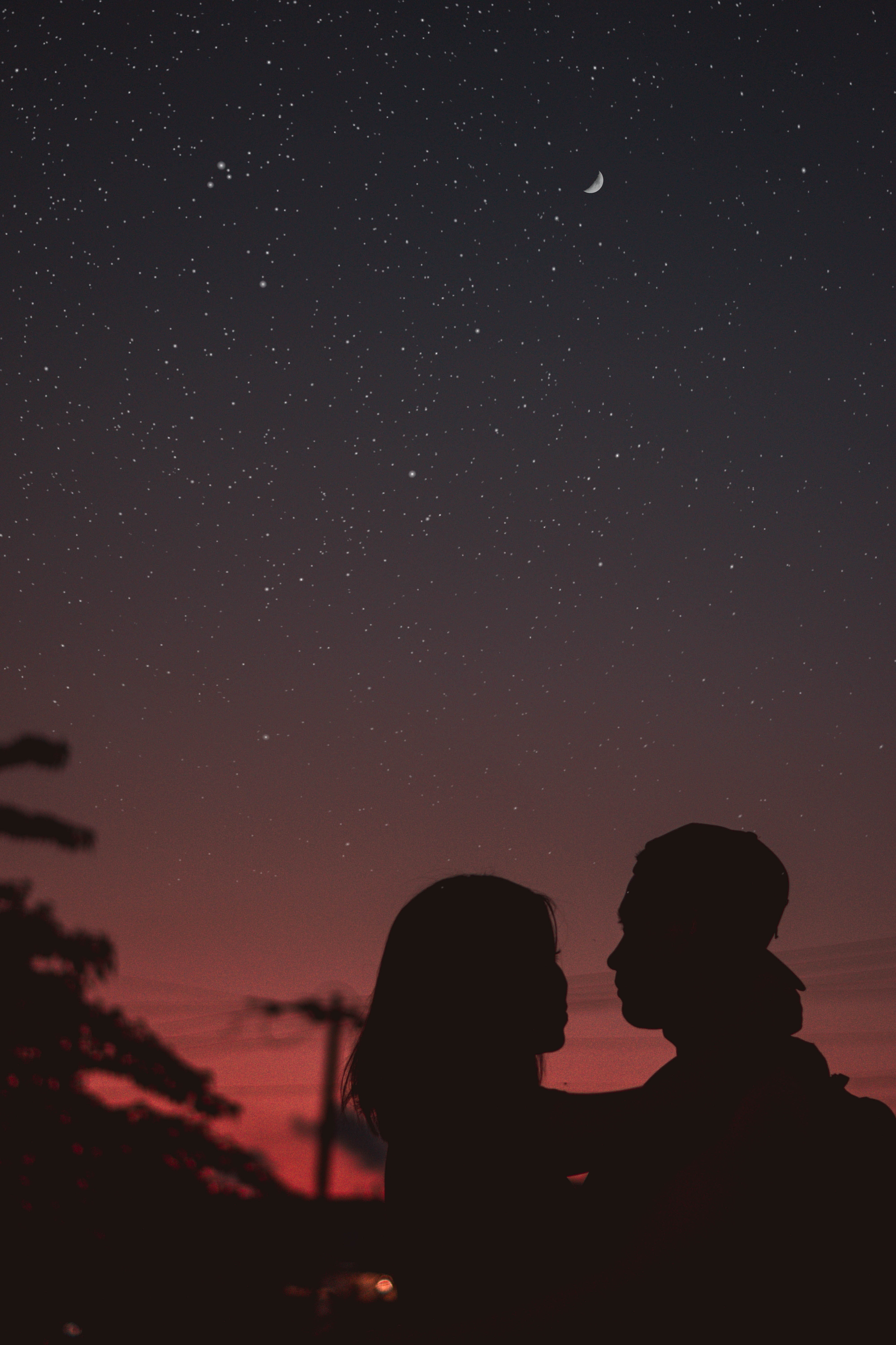 Couple, night, hugs, nature, starry, art, silhouettes, 5K, forests, Starry Sky, hd, sky, Phone HD Wallpaper