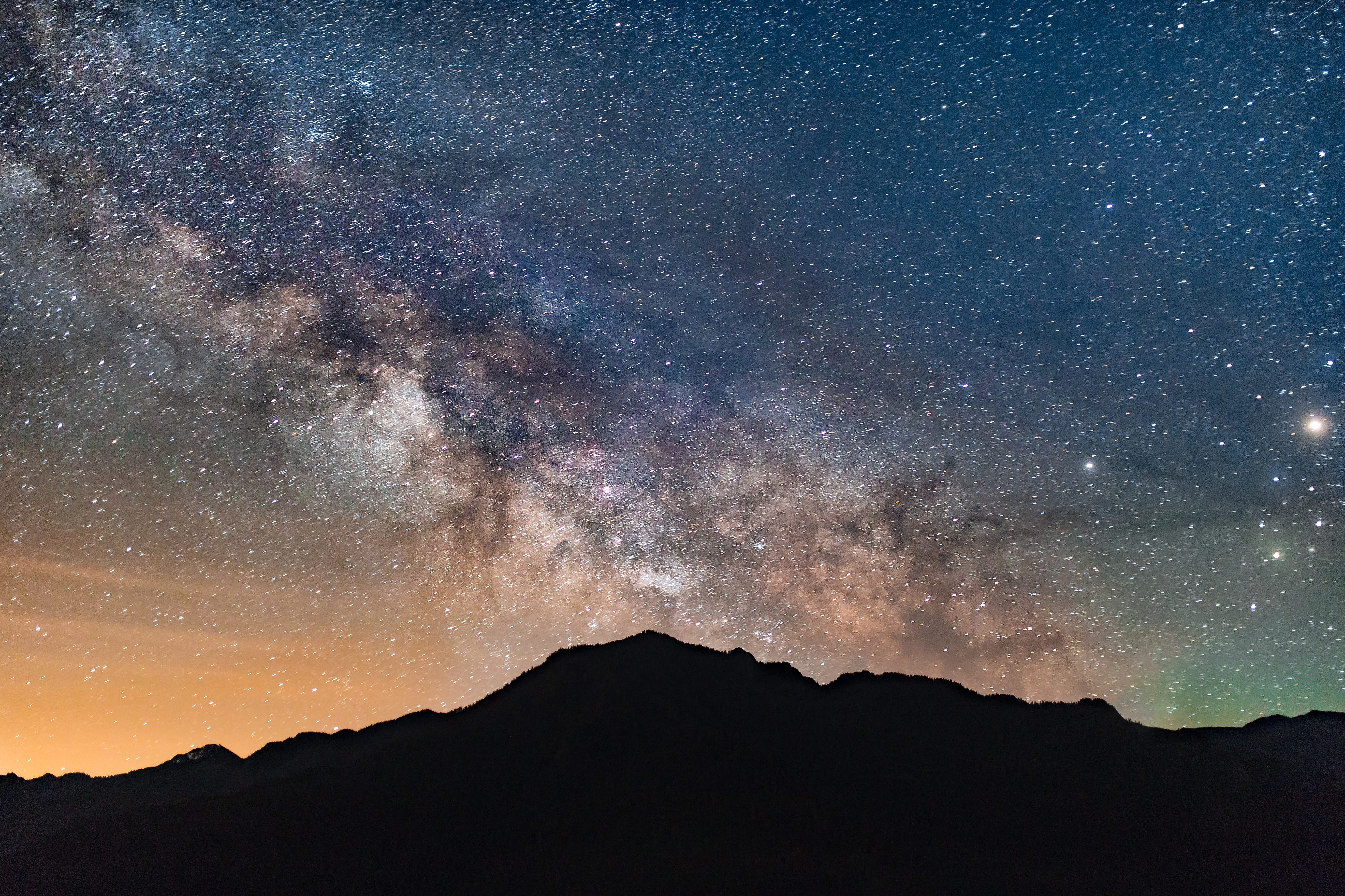 nighttime, galaxy, space, forrest, idyllic, astrophotography, star field, mountain peak, outdoors, mountain layers, constellation, mountain range, night, HD Wallpaper