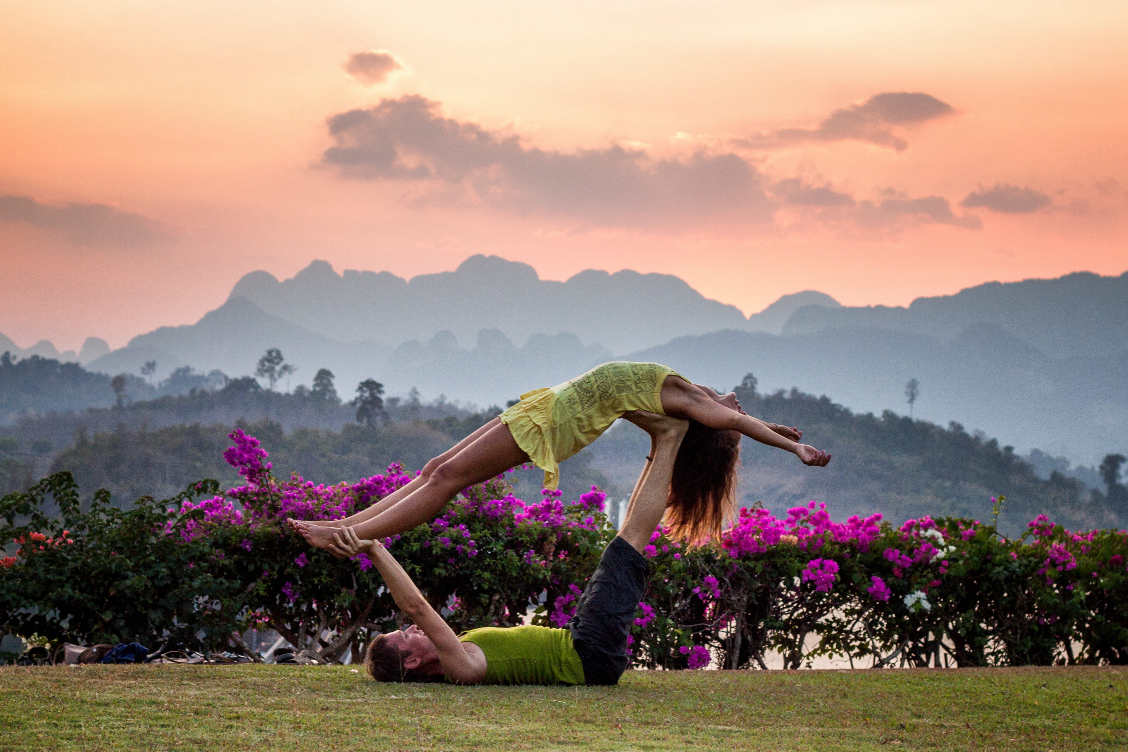 tank, plant, relaxation, dress, silhouette, green, grass, couple, tranquility, yoga, sunset, healthy lifestyle, mountain, nature, top, adult, environment, HD Wallpaper