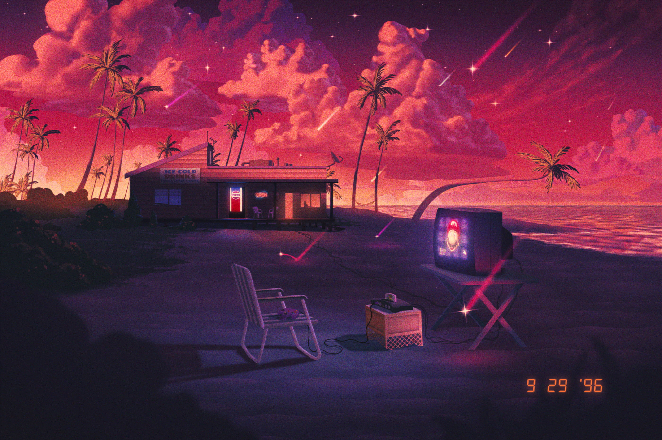 beach, Pepsi, sunset, Aaron Campbell, Nintendo 64, palm trees, 2K, shooting stars, HD Wallpaper