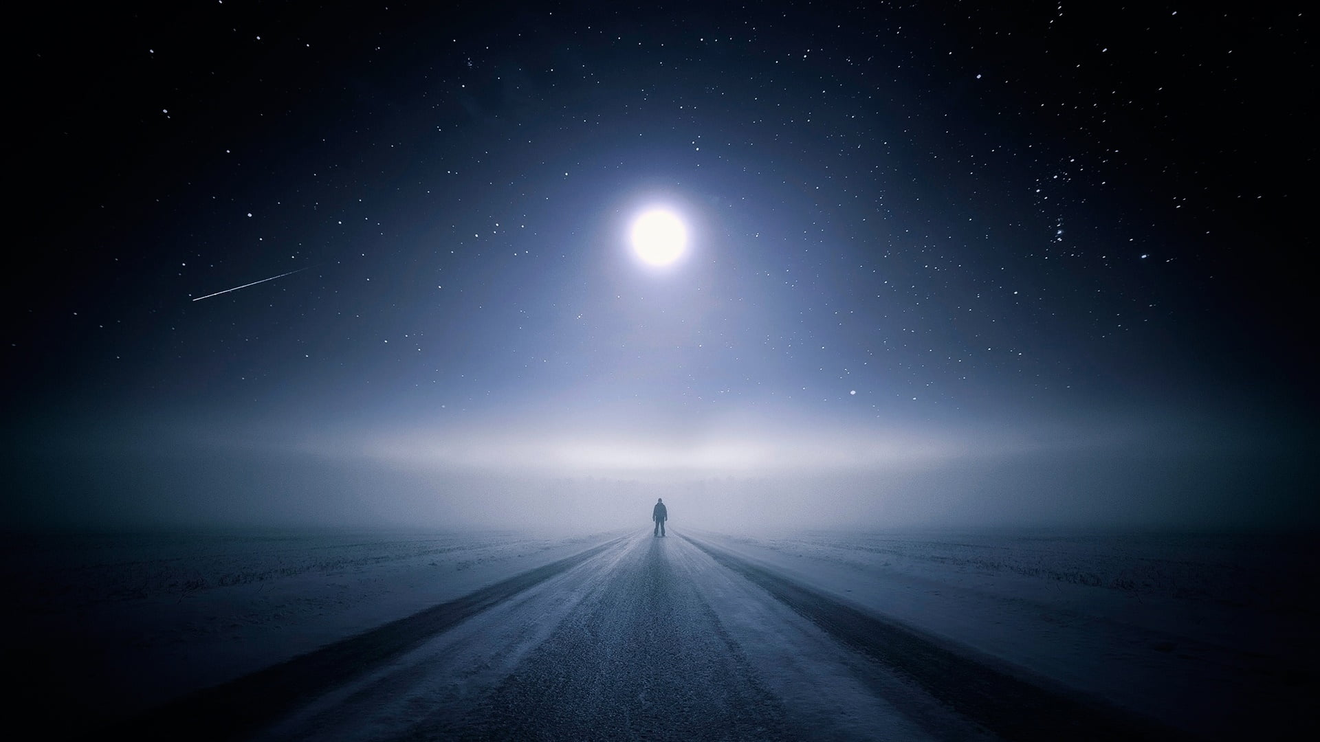men, starry night, stars, winter, road, sky, alone, lights, night, silhouette, shooting stars, loneliness, 1080P, dark, skyscape, landscape, Moon, moonlight, HD Wallpaper