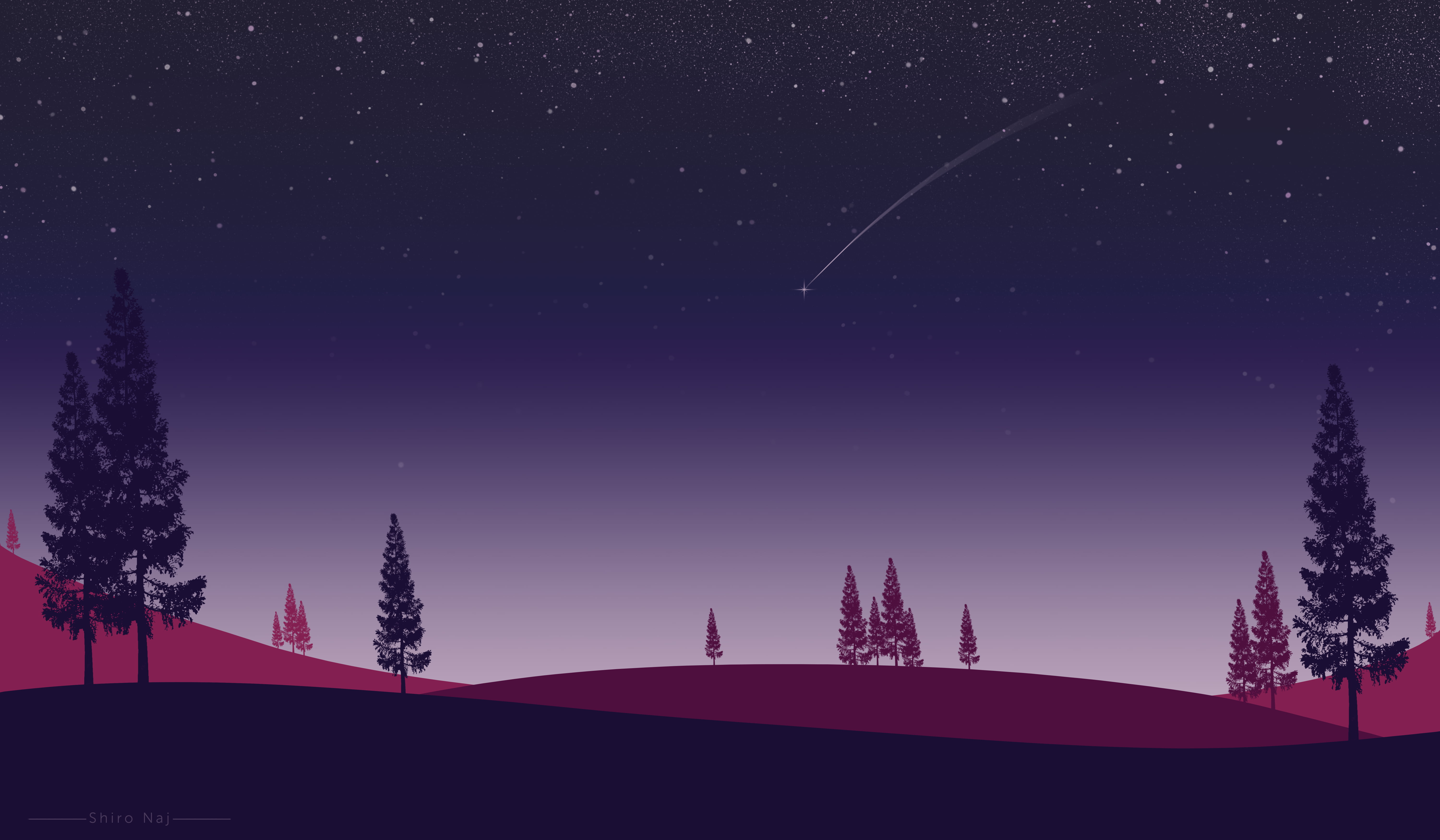 shooting stars, digital, 5K, night, nature, digital art, trees, stars, HD Wallpaper
