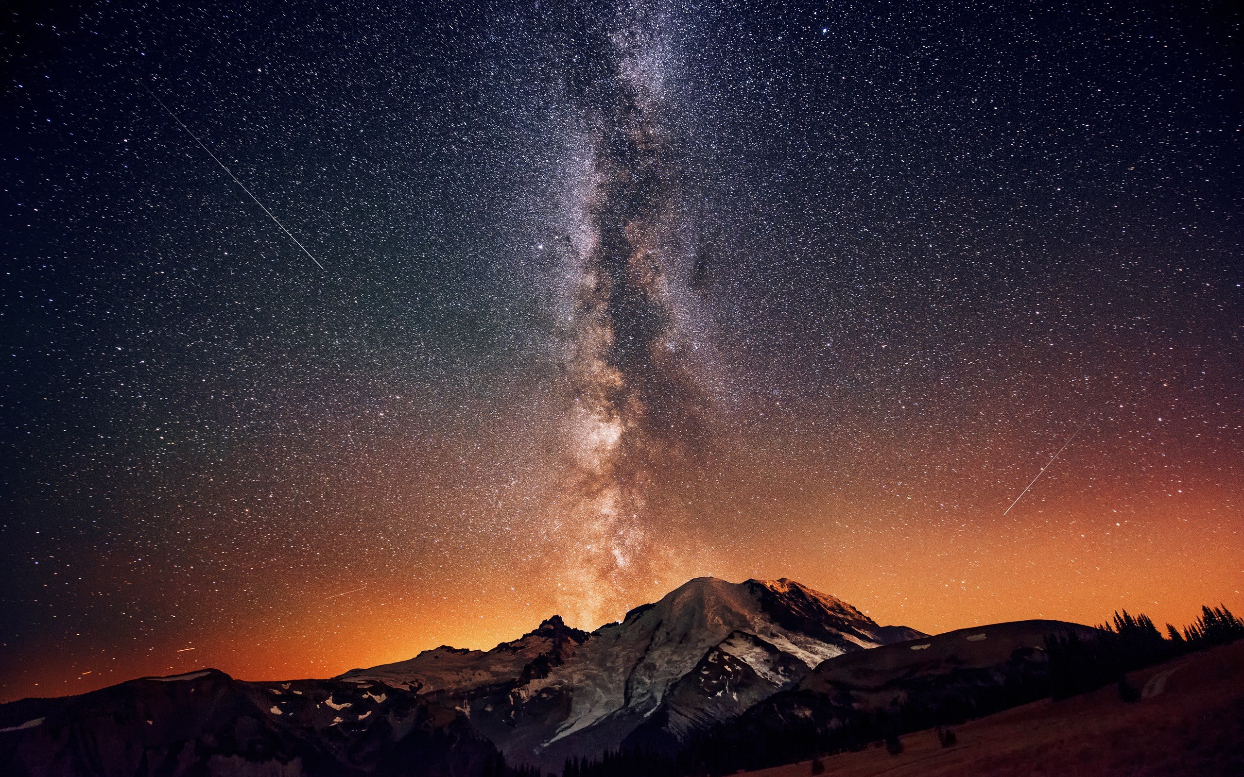 shooting stars, sky, mountains, nature, space art, snow, 2K, space, Milky Way, stars, HD Wallpaper