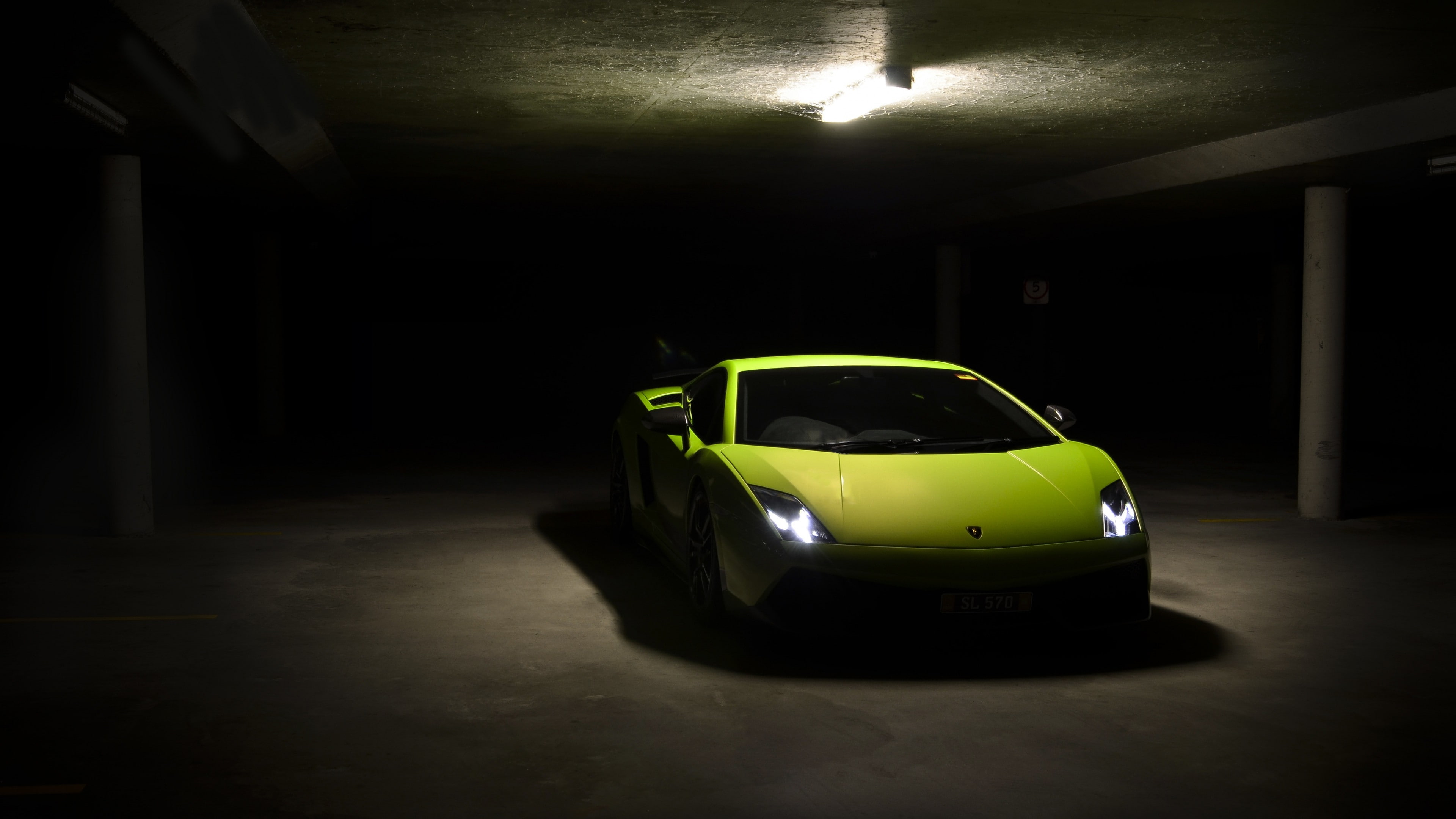 mode of transportation, 4K, illuminated, black color, absence, Lamborghini, parking garage, land vehicle, architecture, car, motor vehicle, parking, transportation, HD Wallpaper