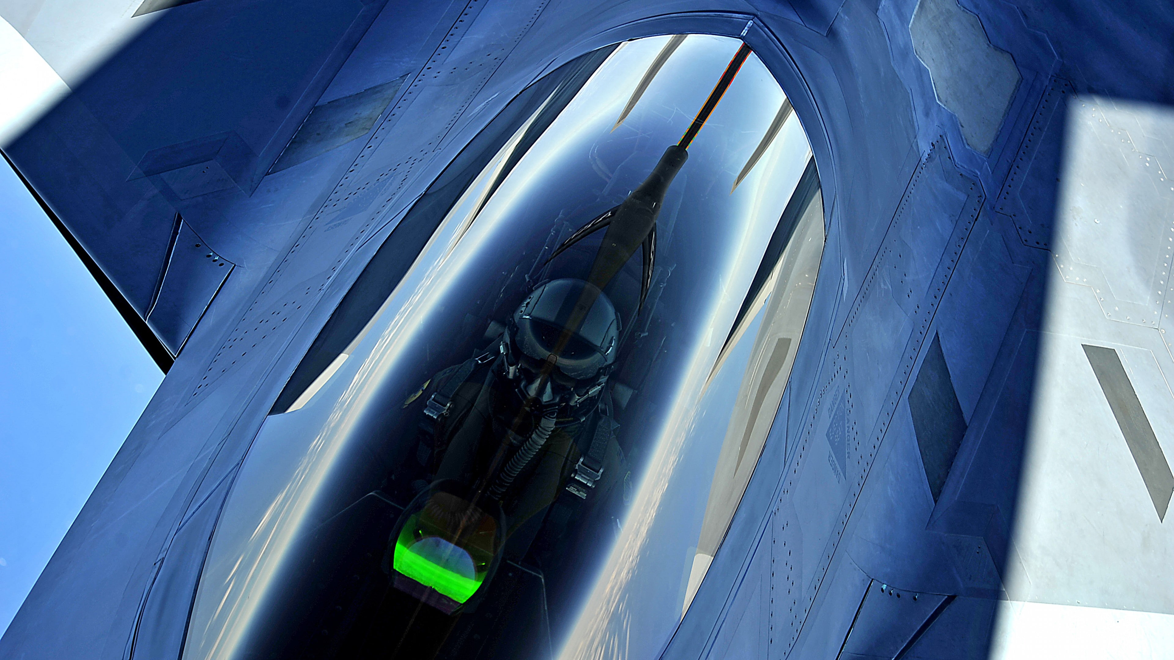 Boeing KC-135 Stratotanker, reflection, aircraft, Lockheed Martin F-22 Raptor, 4K, pilot, raptor, HD Wallpaper
