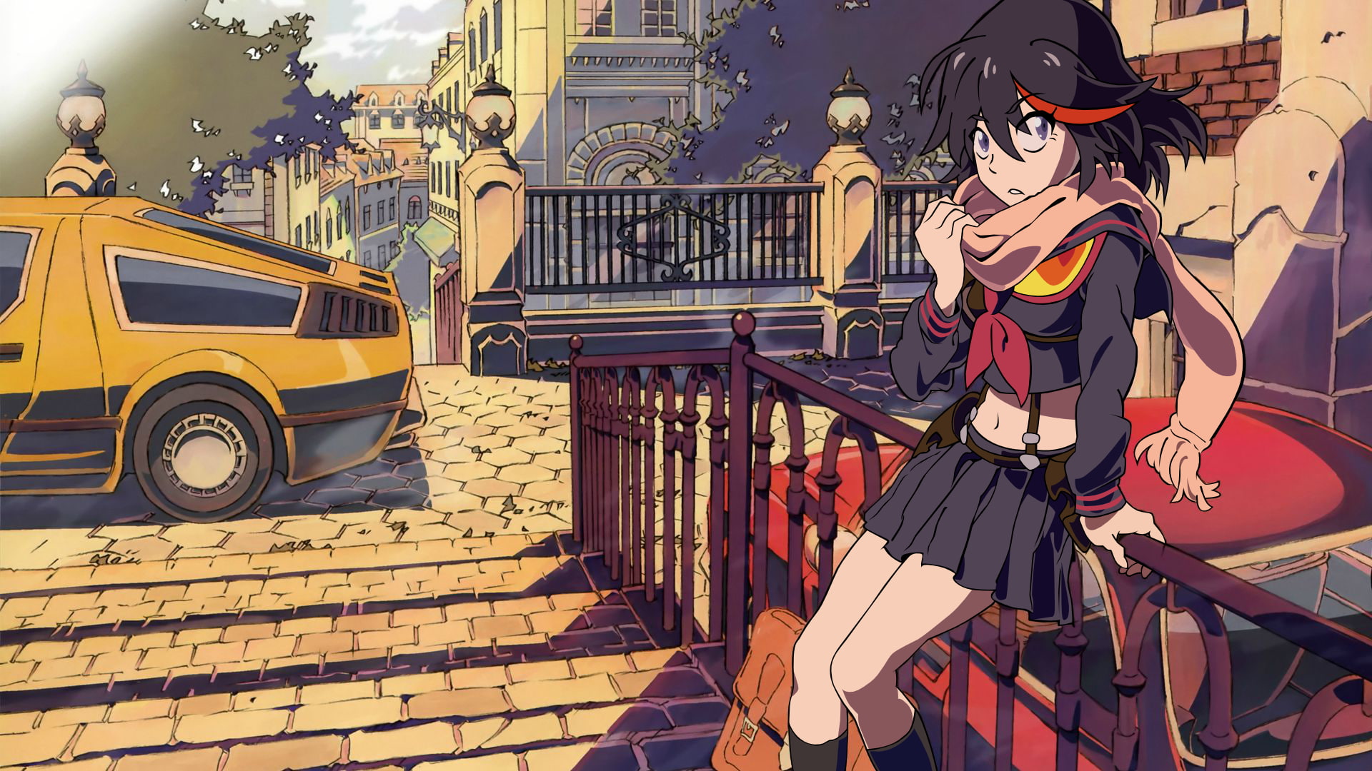 looking at viewer, Matoi Ryuuko, 1080P, anime, Kill la Kill, brunette, short hair, Senketsu, anime girls, scarf, HD Wallpaper