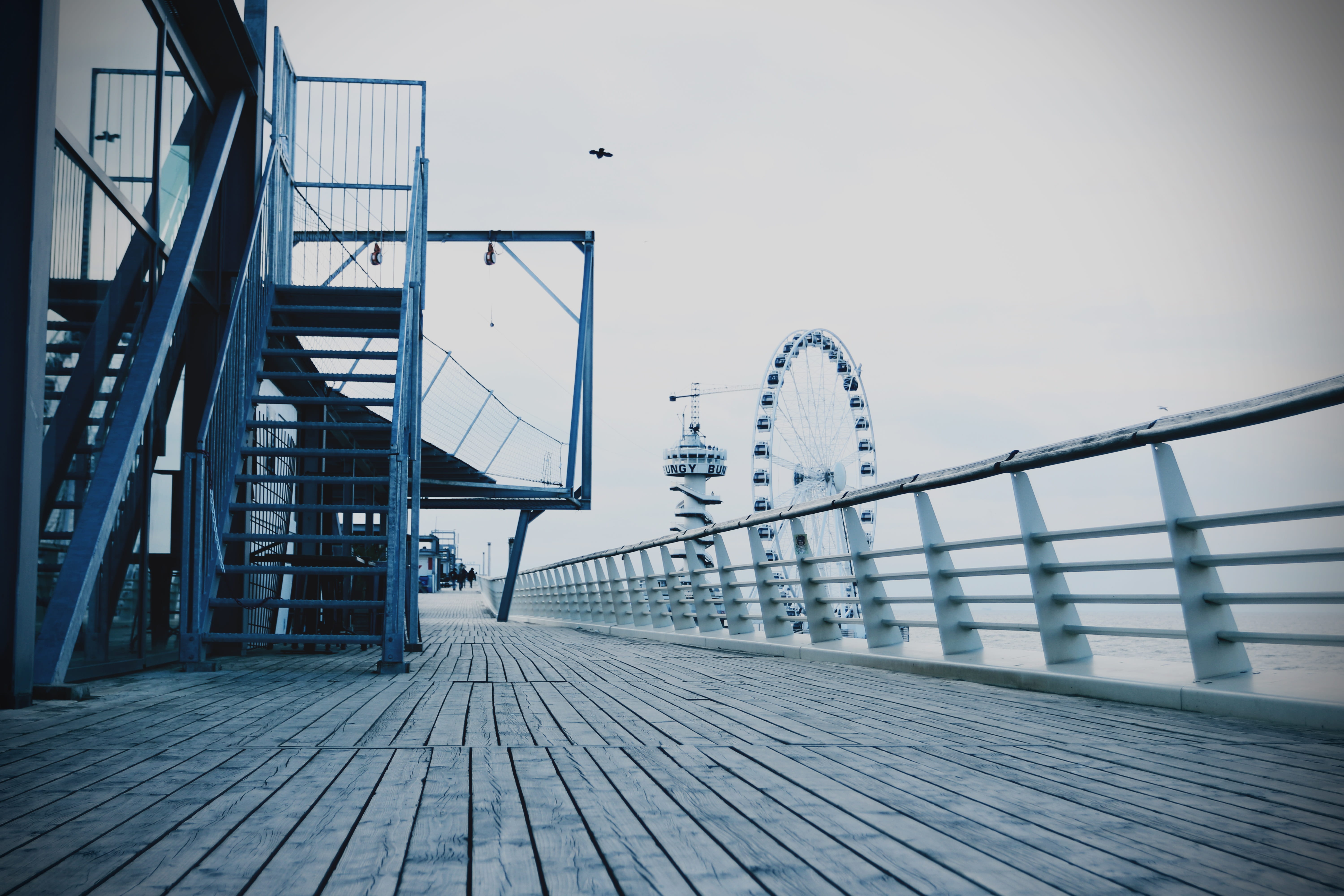 connection, direction, coast, nature, clear sky, railing, architecture, the way forward, Pier, Scheveningen, city, sky, built structure, Rad, no people, HD Wallpaper