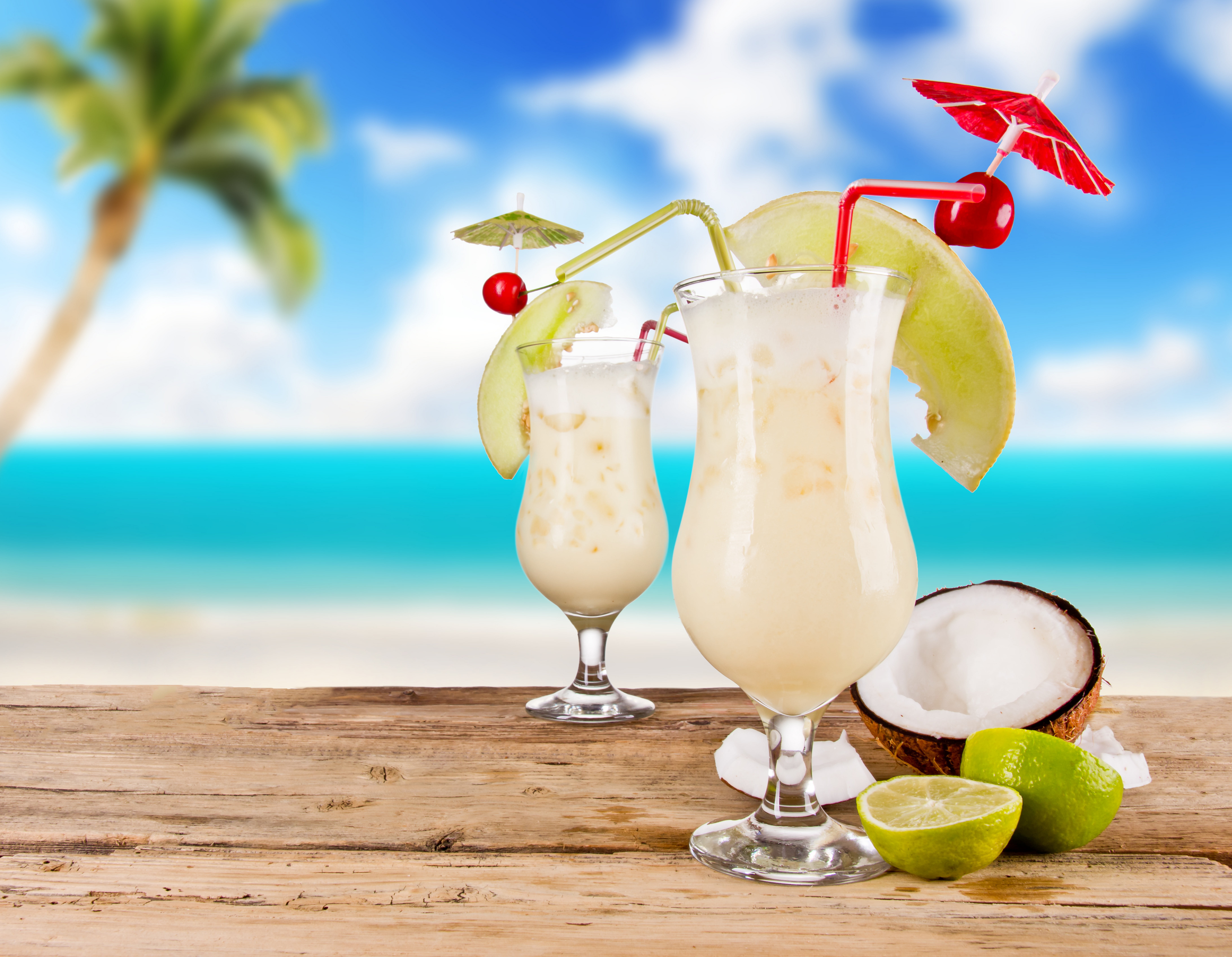 straw, blue, food and drink, table, ice, coconut, lime, slice, pineapple, mint Leaf - Culinary, sweet Food, tropical Drink, cocktail, cold - Temperature, HD Wallpaper