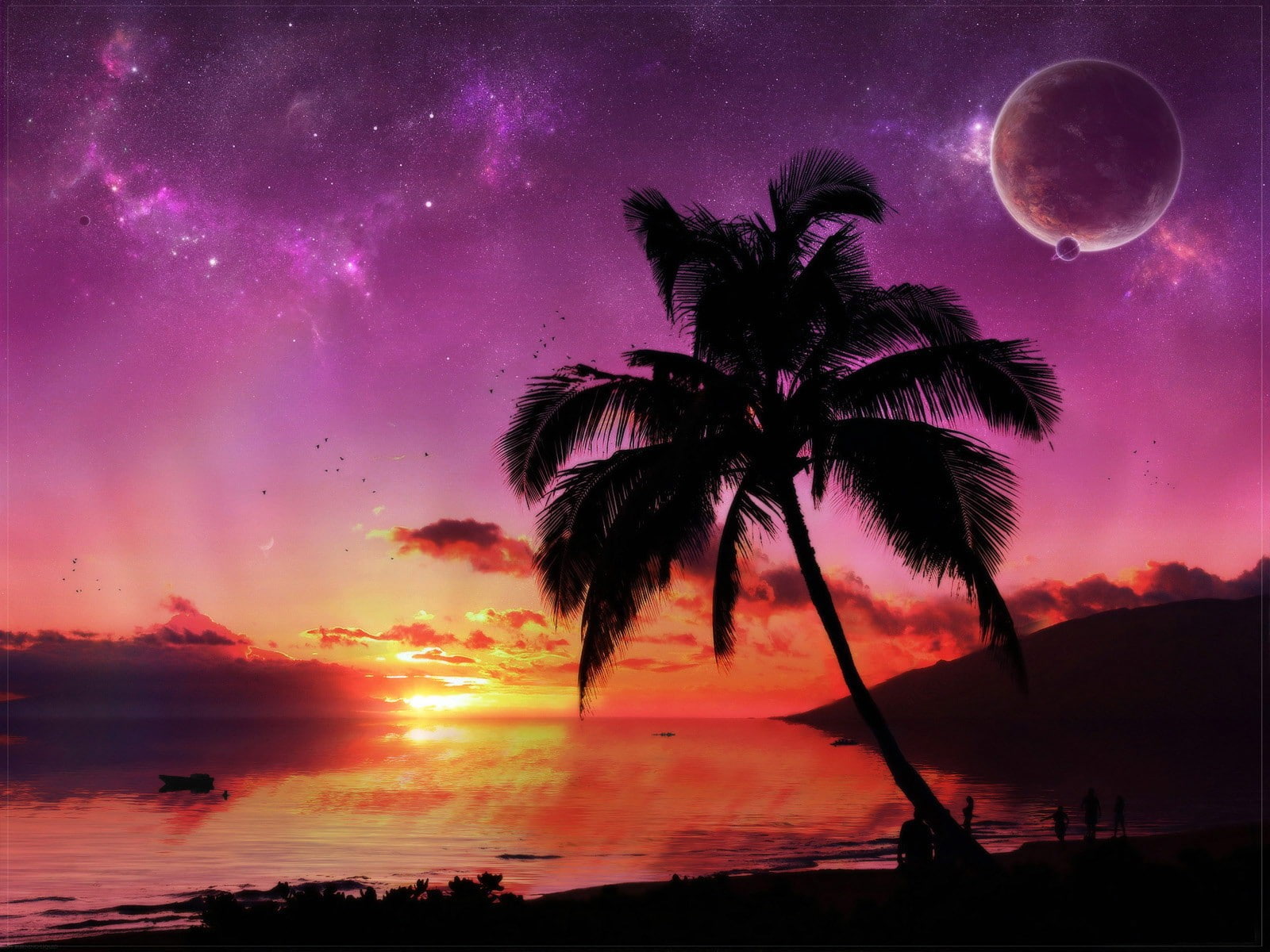 moon, palm tree, cloud - sky, tranquility, beach, palm, idyllic, tree, no people, silhouette, plant, water, tropical climate, coconut palm tree, sky, scenics - nature, HD Wallpaper