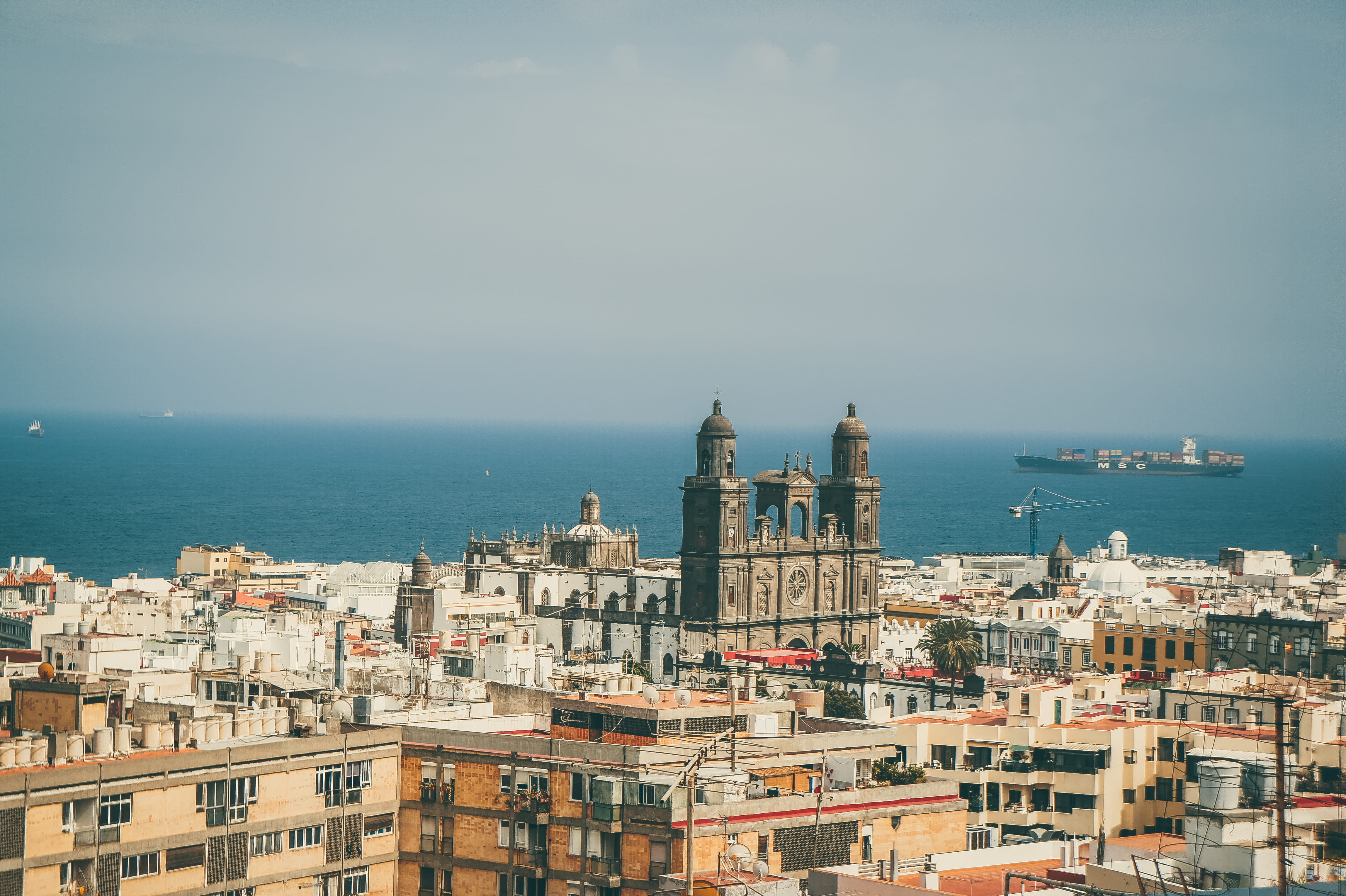 nature, ocean, residential district, old town, sky, building exterior, horizon, outdoors, cityscape, 4K, sea, day, spanish town, tourism, spain, las palmas, HD Wallpaper