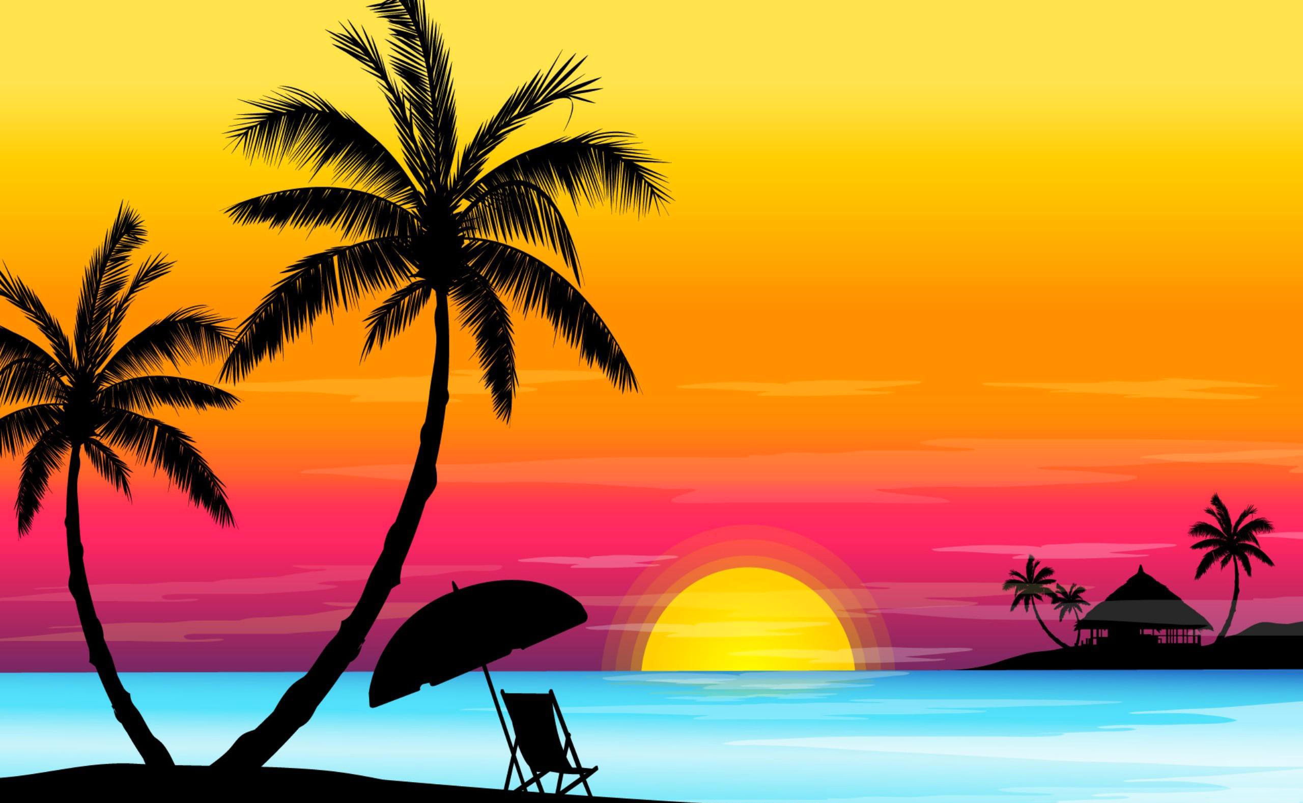 outdoors, sun, summer, no people, swimming pool, illustration, sunrise - Dawn, tranquil Scene, the sun, palm Tree, scenics, sky, travel, orange color, plant, HD Wallpaper