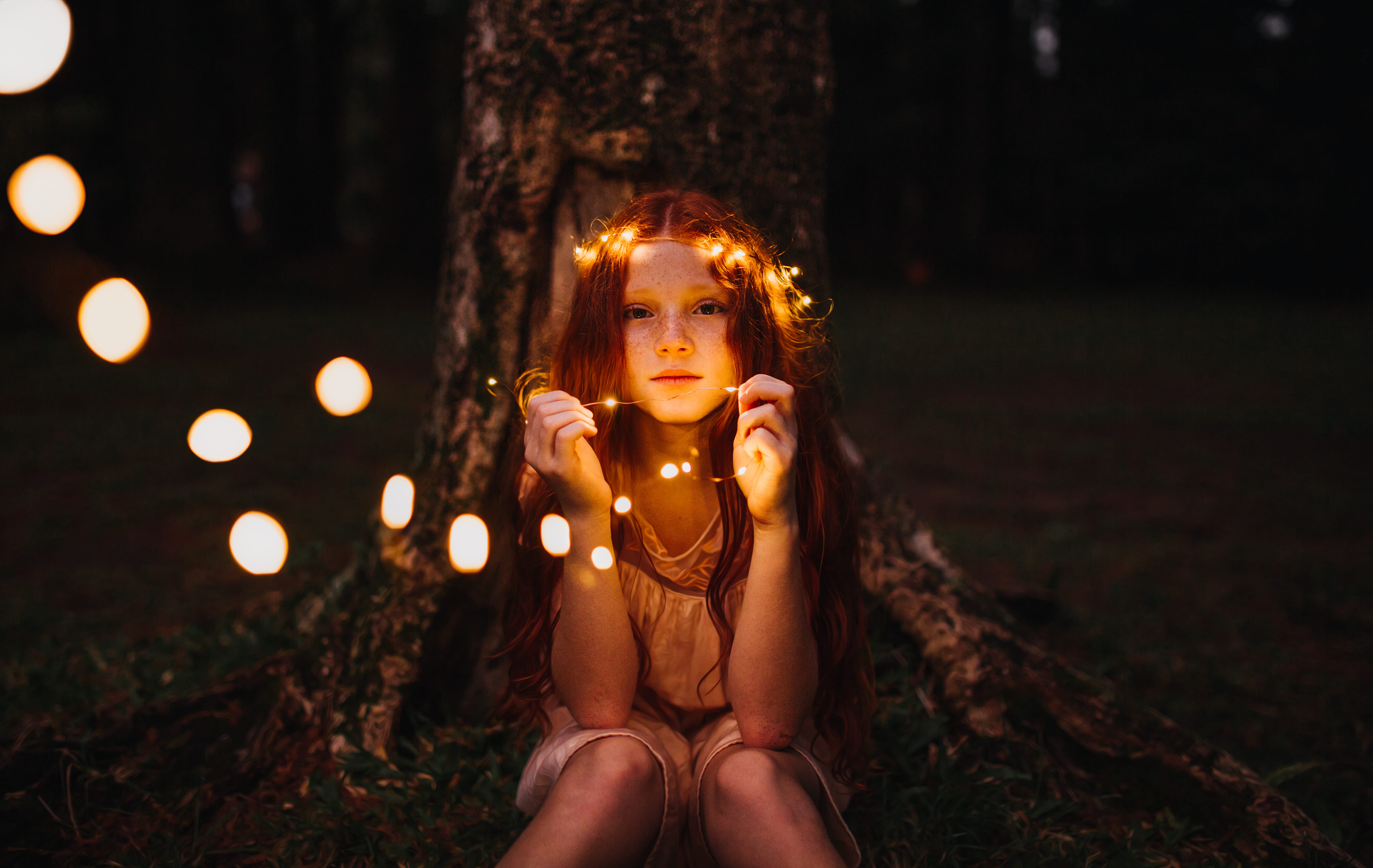 long hair, focus, hair, nature, childhood, depth of field, tree, pretty, contemplation, sitting, kid, hands, looking at camera, photoshoot, women, one person, HD Wallpaper