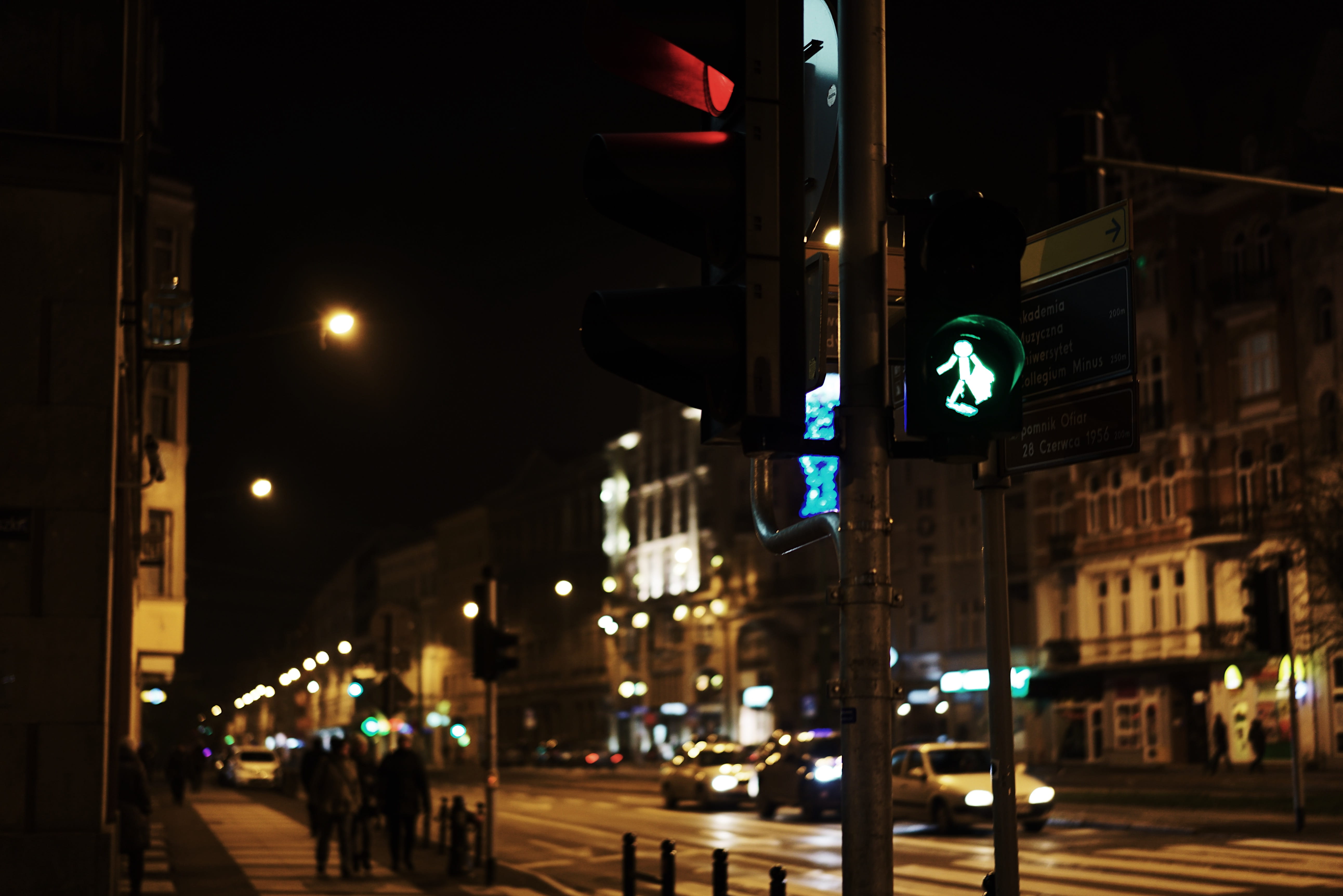 sign, building, incidental people, finance, street, cars, drive, night city, blur, light, vehicles, photo, transportation system, poland, traffic, road, HD Wallpaper