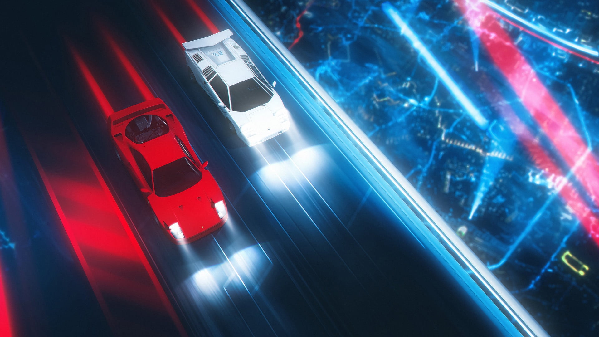 red cars, digital art, neon, Ferrari, Lamborghini, artwork, cyan, white cars, 1080P, car, Lamborghini Countach, vehicle, HD Wallpaper
